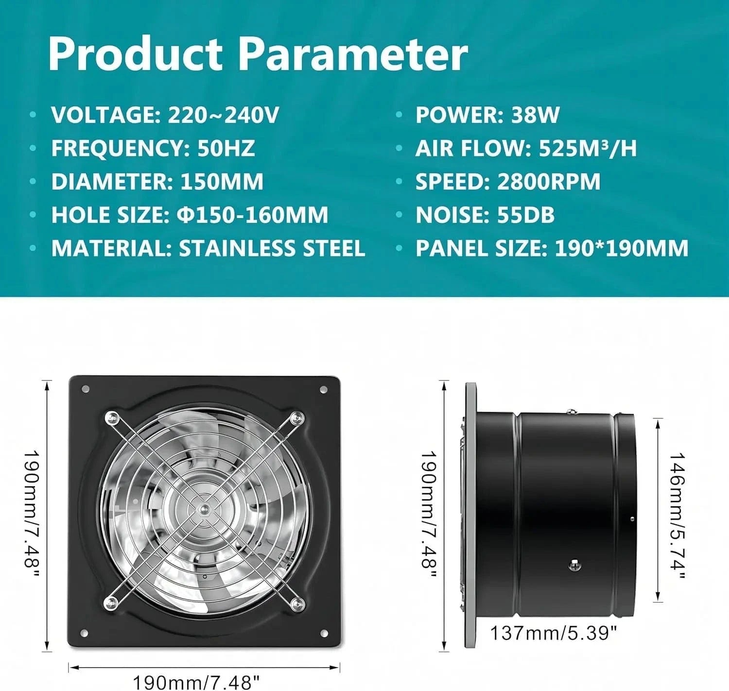 Kitchen Exhaust Fan Technical Specifications – 150mm Diameter, 525m³/h Airflow, 220-240V Voltage, 38W Power, 2800RPM Speed