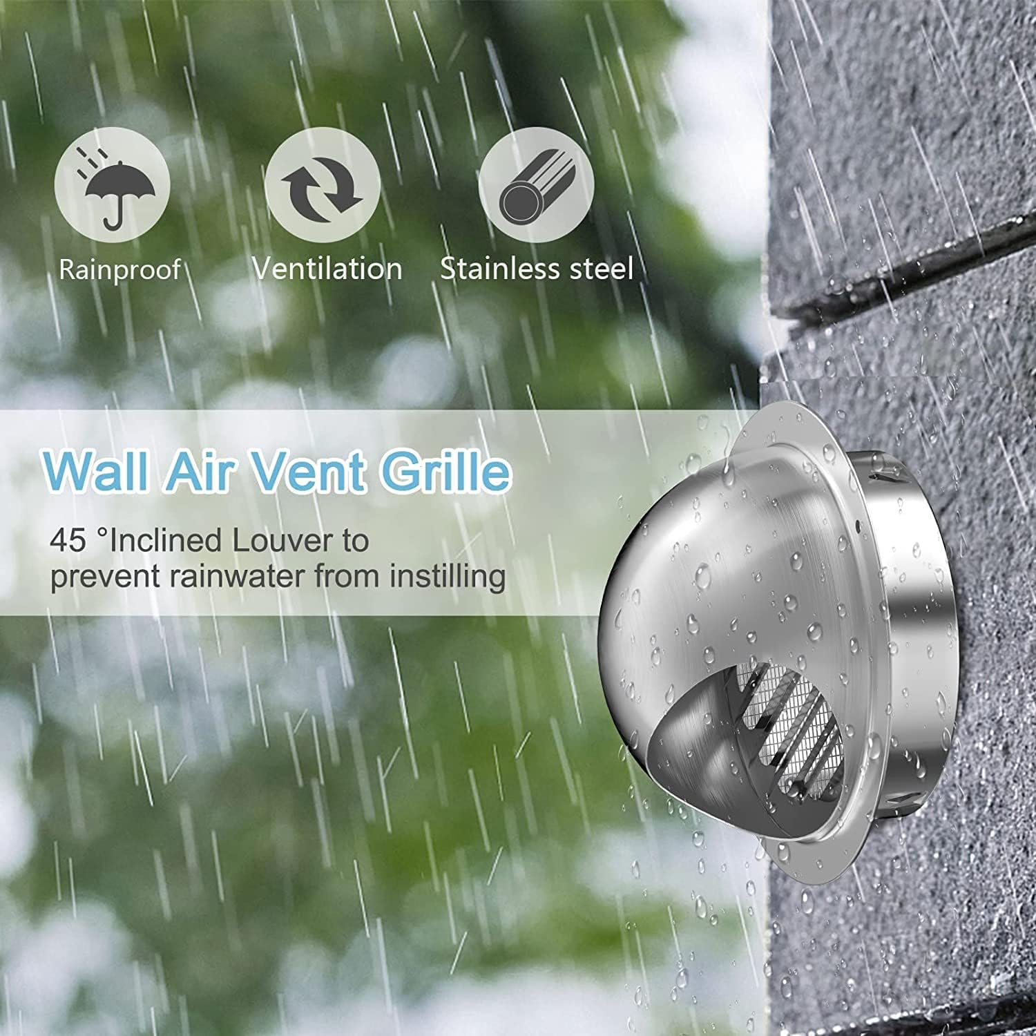 Waterproof stainless steel air vent cover with dense mesh, preventing rain and insects from entering HVAC systems.
