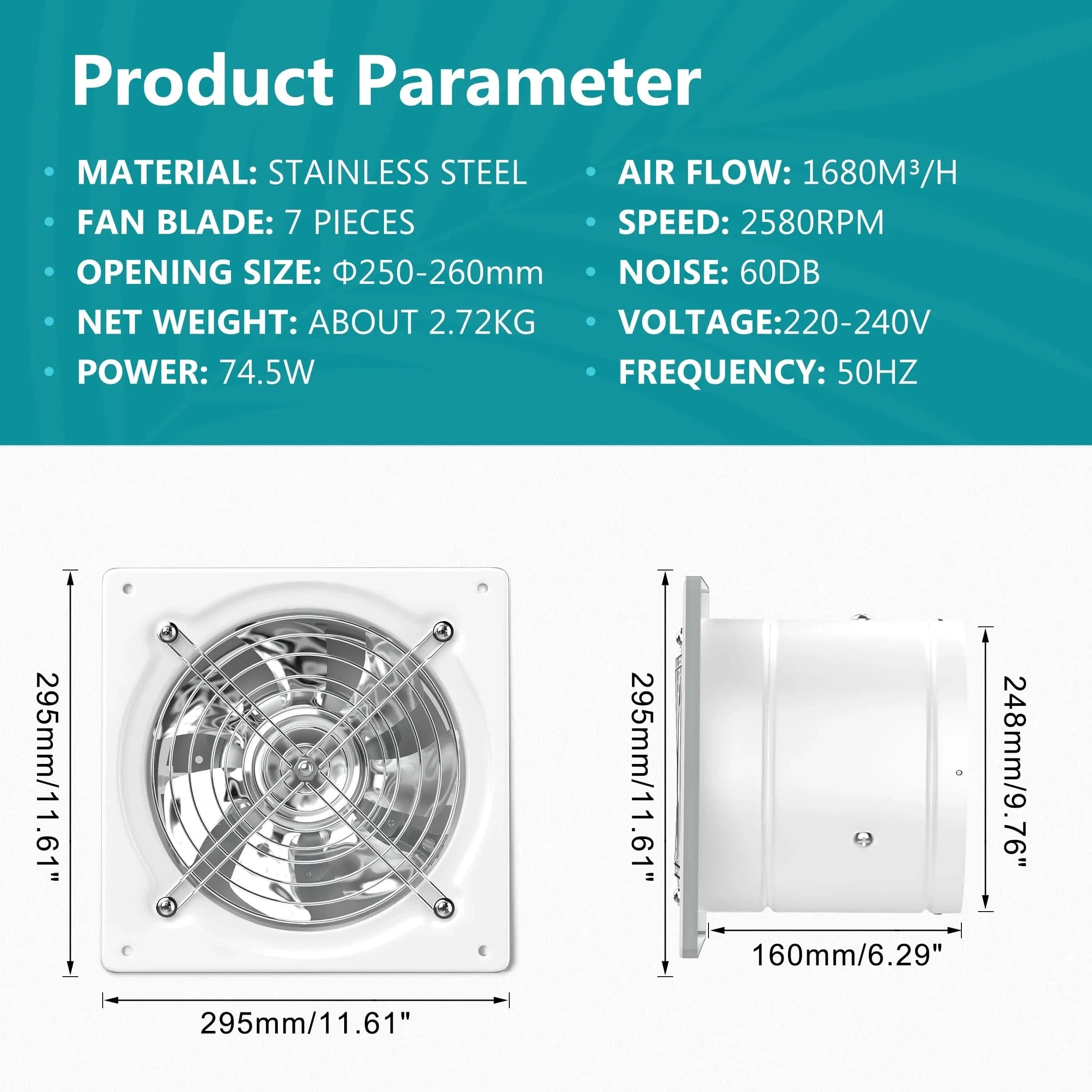 Detailed technical specifications and dimensions of HONGUAN 10-inch garage exhaust fan, including 988 CFM airflow capacity, 250 mm diameter, and compact design for wall or window installation.
