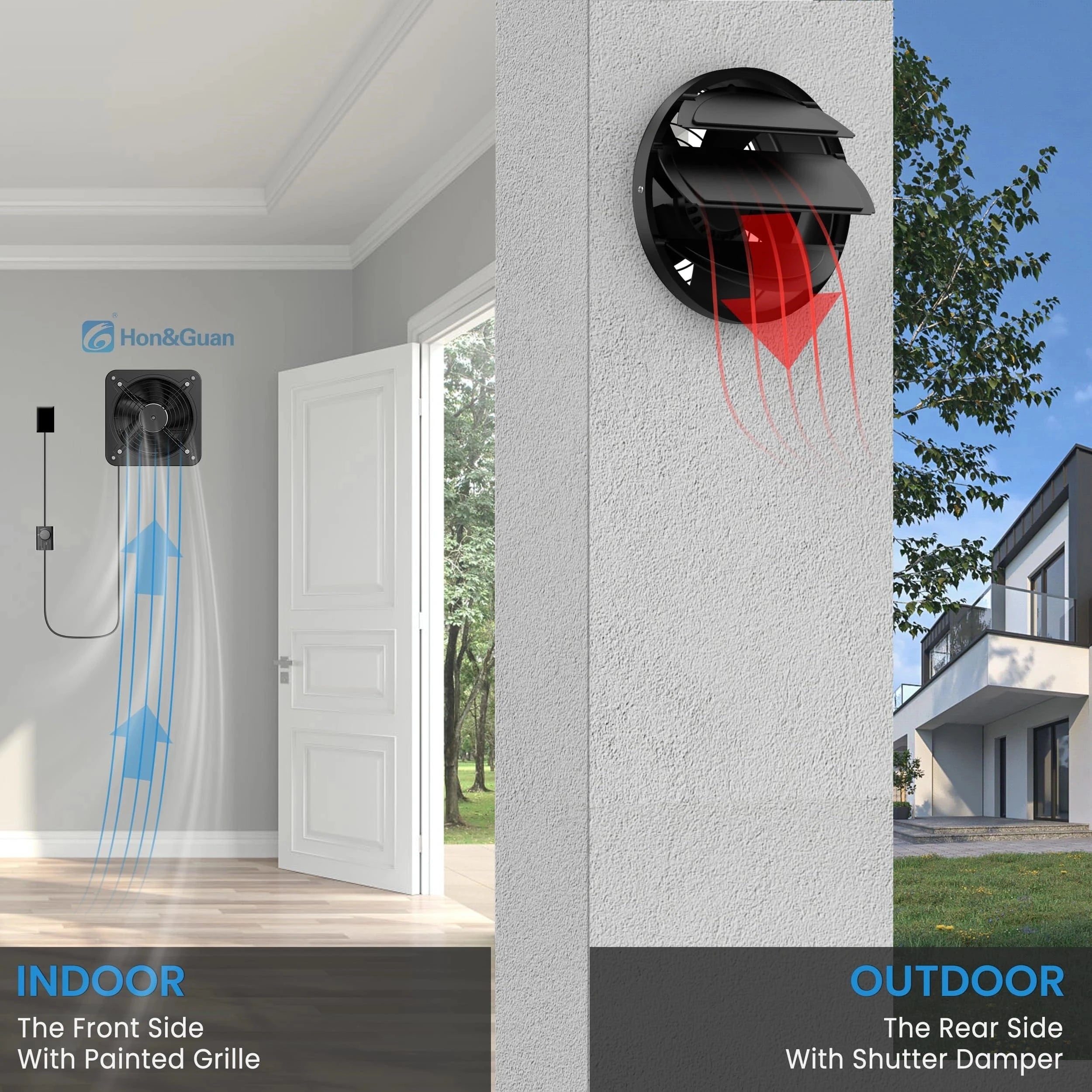 Wall-mounted exhaust fan for garage ventilation, showing 250mm fan installed for effective airflow and odor removal