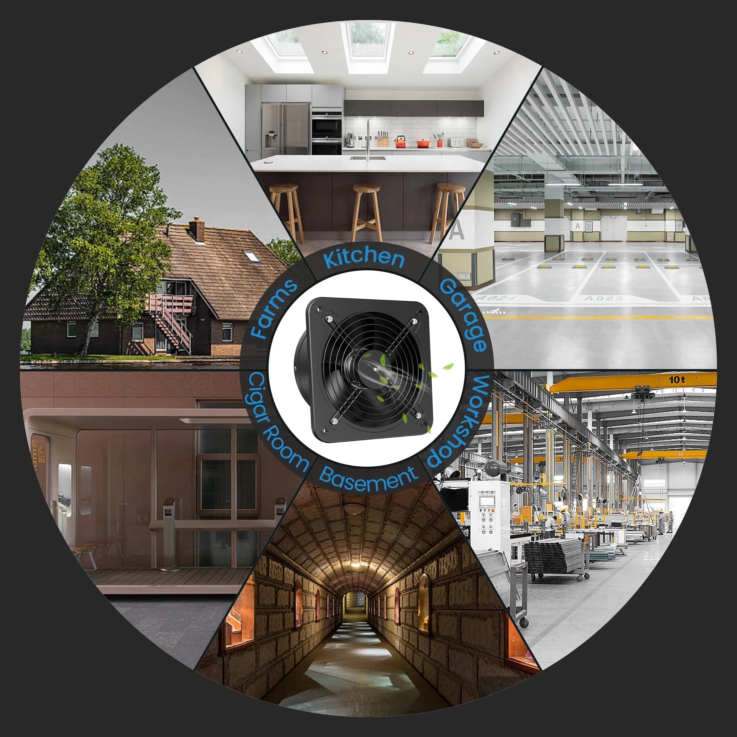 Exhaust fan used for garage, workshop, basement, and kitchen ventilation to improve air circulation and remove odors.