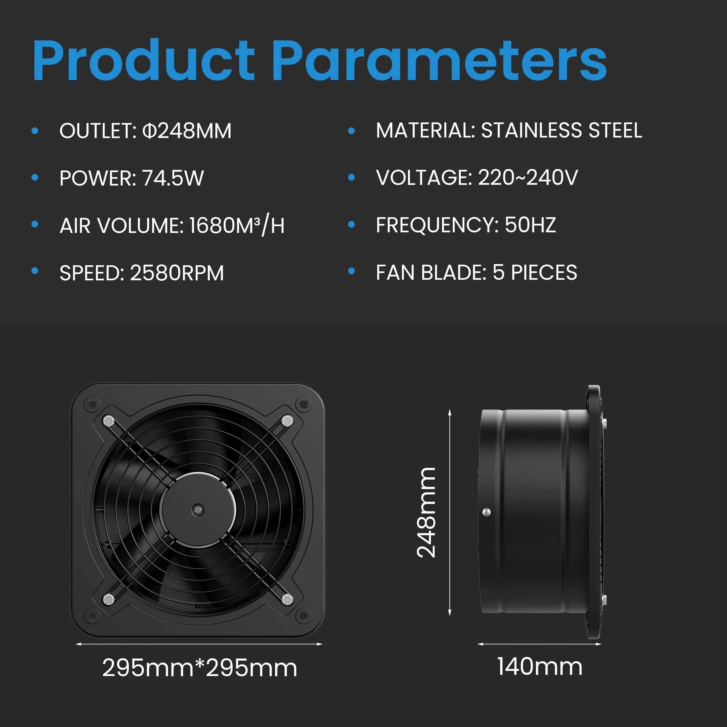 Technical specifications of 250mm exhaust fan with speed controller for high airflow and energy-efficient ventilation