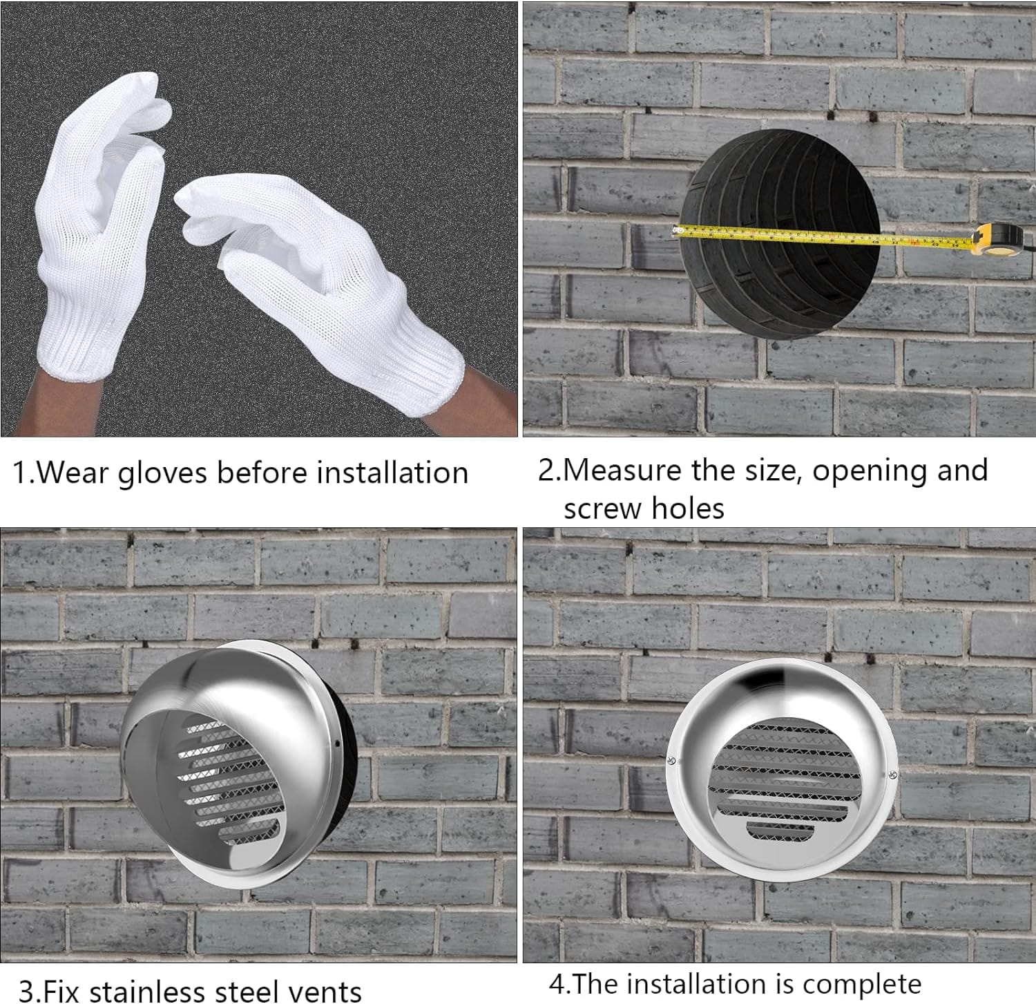 Step-by-step installation guide of the stainless steel vent cover for HVAC systems, ensuring secure and weatherproof wall mounting.