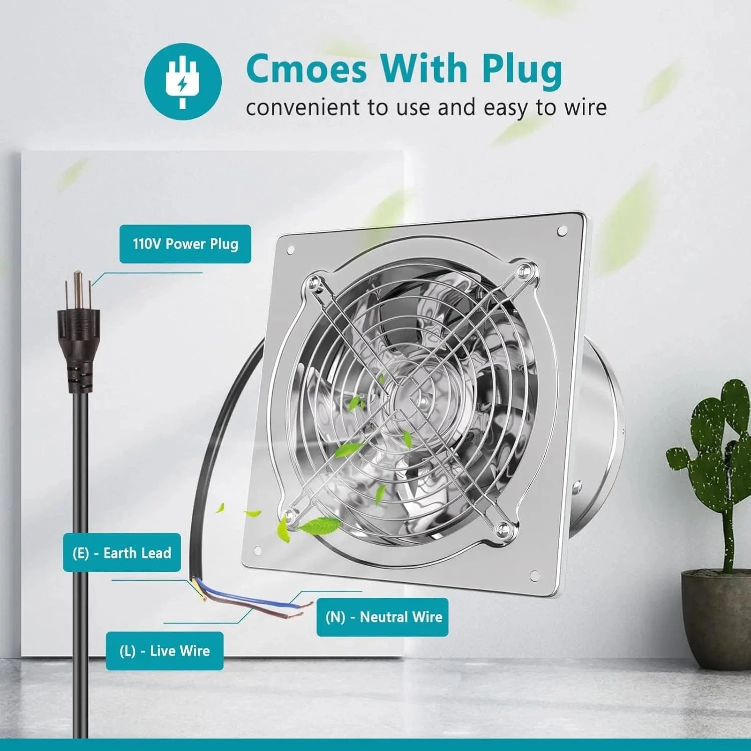 HONGUAN 6-inch exhaust fan with an 8-foot power cord and US plug for easy installation and reliable operation.