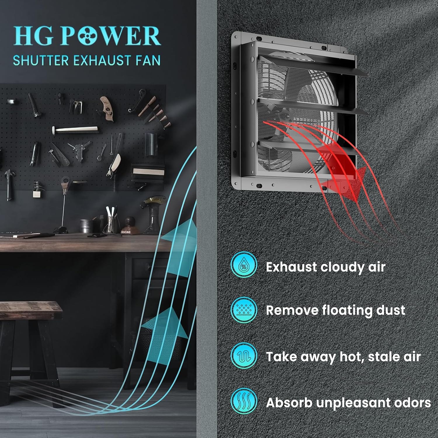 HONGUAN 10-inch exhaust fan with 647 CFM airflow and 1400 RPM speed, providing powerful air circulation.