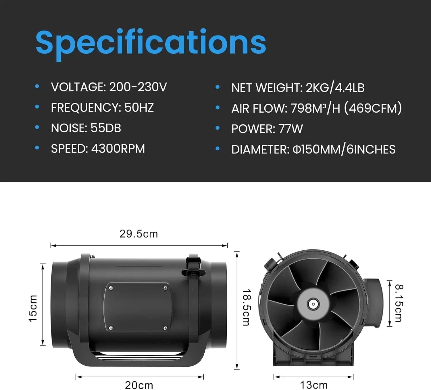 Dimensions of 150mm EC motor duct fan with variable speed controller for grow tents and HVAC systems