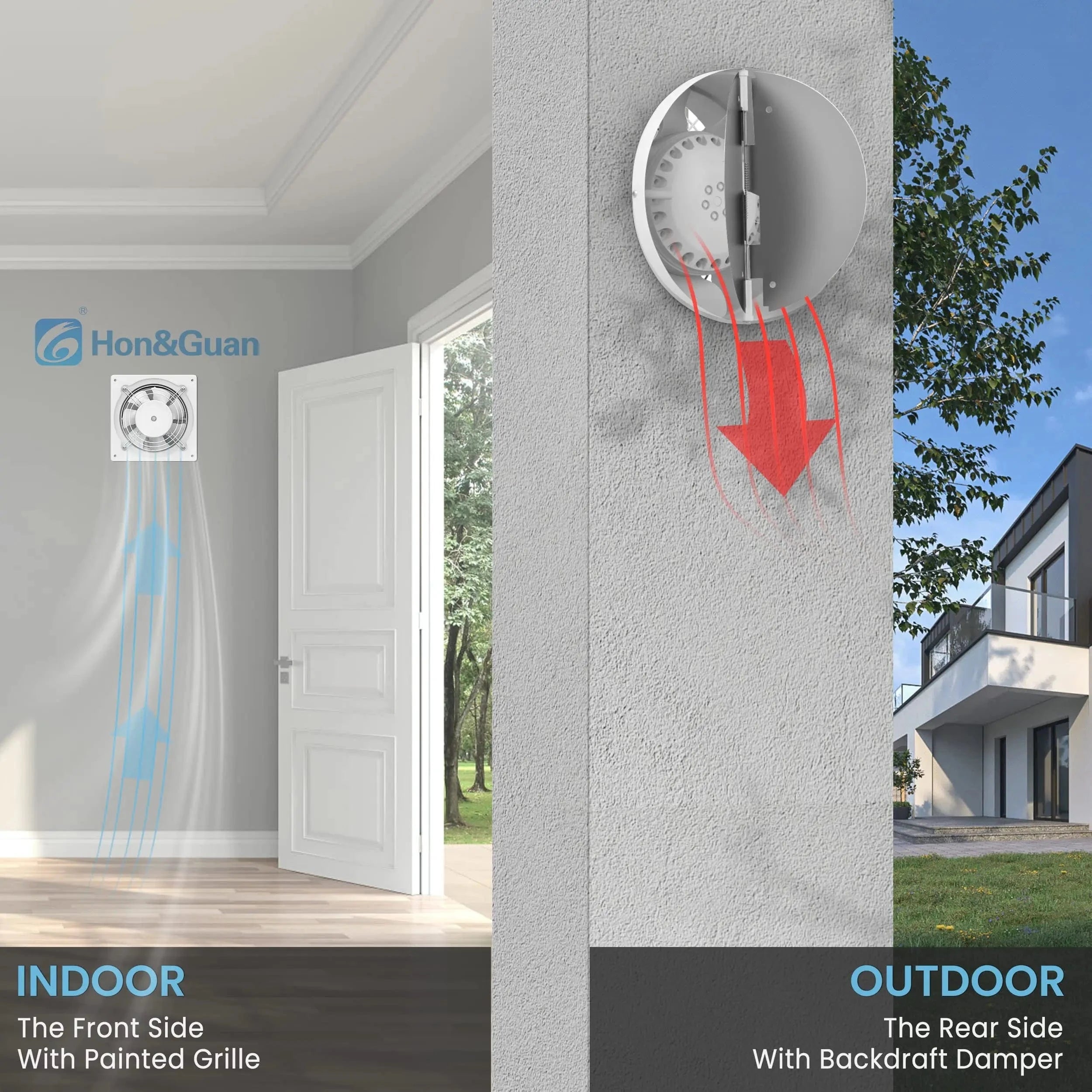 Exhaust Fan Airflow Diagram Showing Indoor to Outdoor Ventilation Path for Efficient Air Extraction in Bathrooms and Garages
