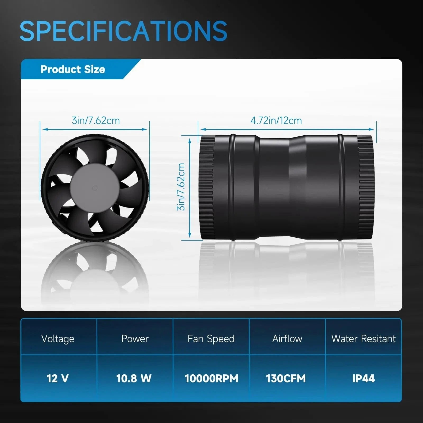Technical diagram showing dimensions and airflow specs of 3 inch boat blower fan for yacht ventilation