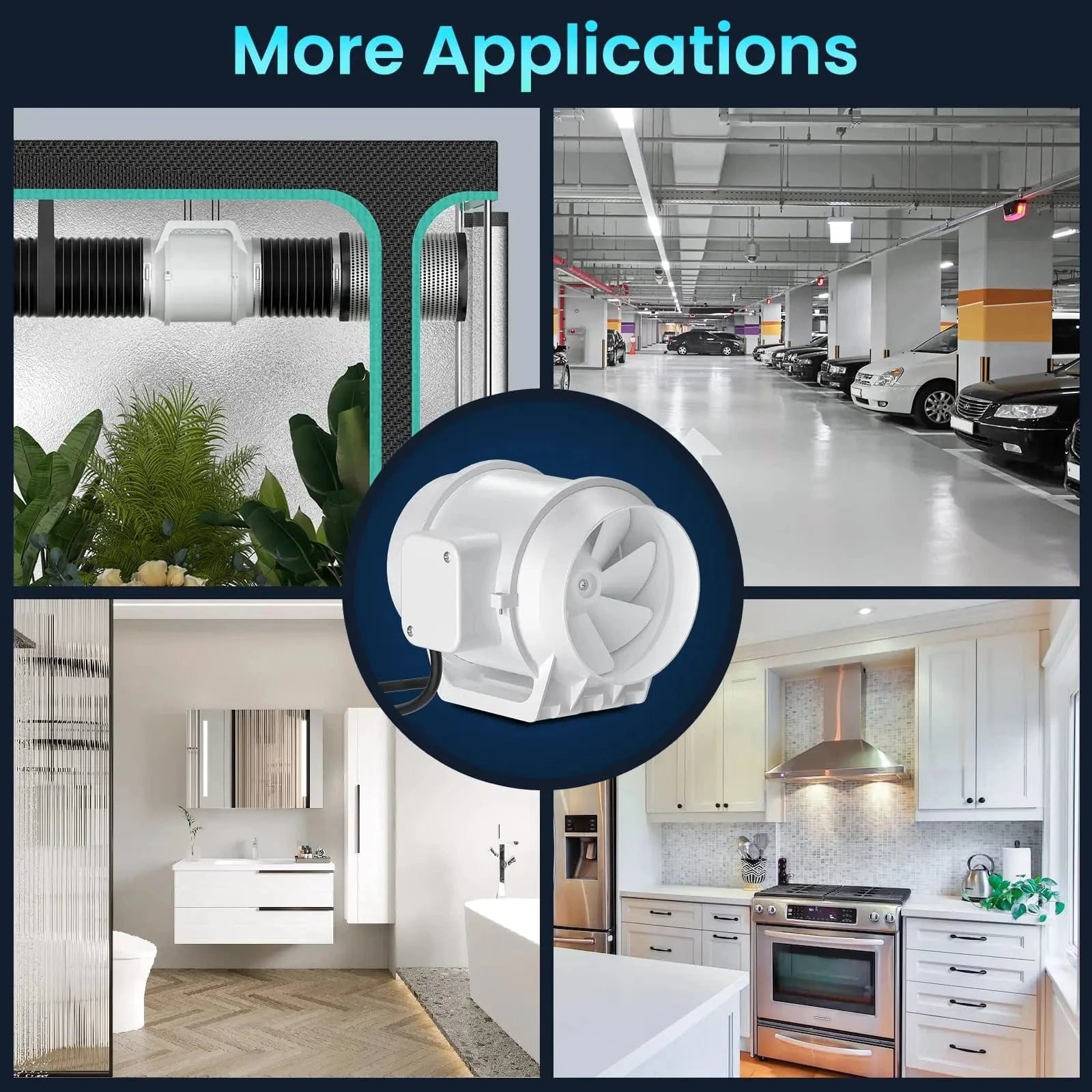 Inline duct fan used for ventilation in hydroponics, basements, workbenches, and 3D printing setups