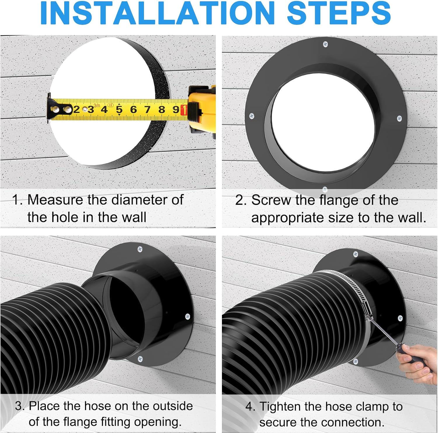 Step-by-step installation of the 4 inch duct connector, including hole drilling, connector fixing, duct connection, and clamp securing for effective ventilation system setup.