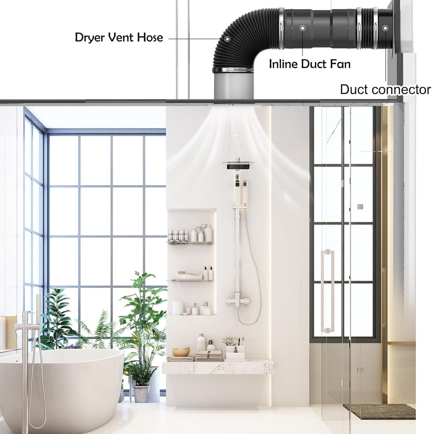 Black plastic duct connector securing a flexible hose to a bathroom ventilation system.