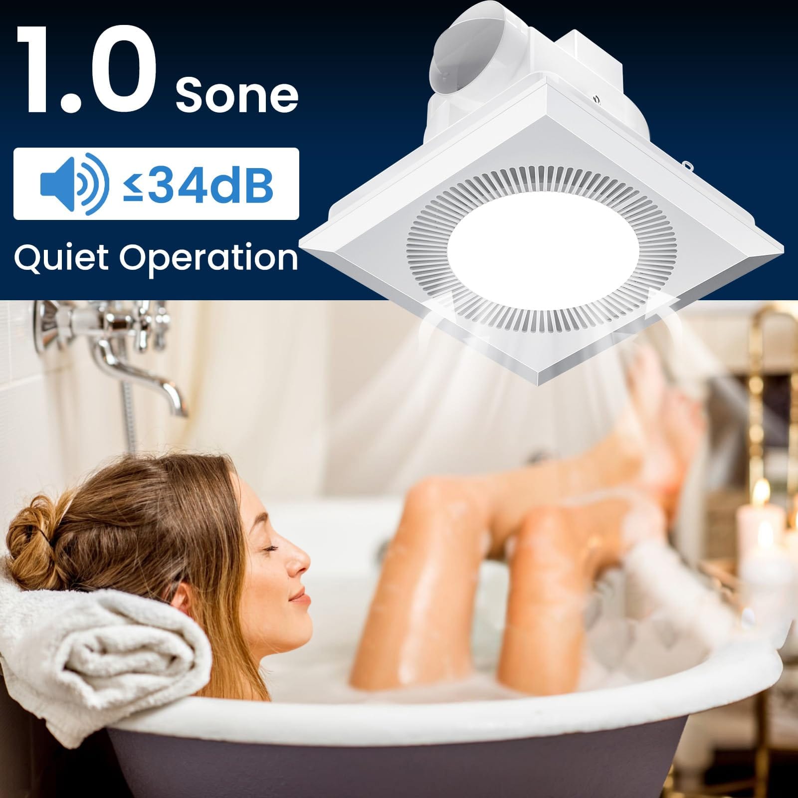 Ultra-quiet operation of the bathroom exhaust fan, operating at 1.0 Sones with 110 CFM airflow, ensuring effective moisture removal without noise.