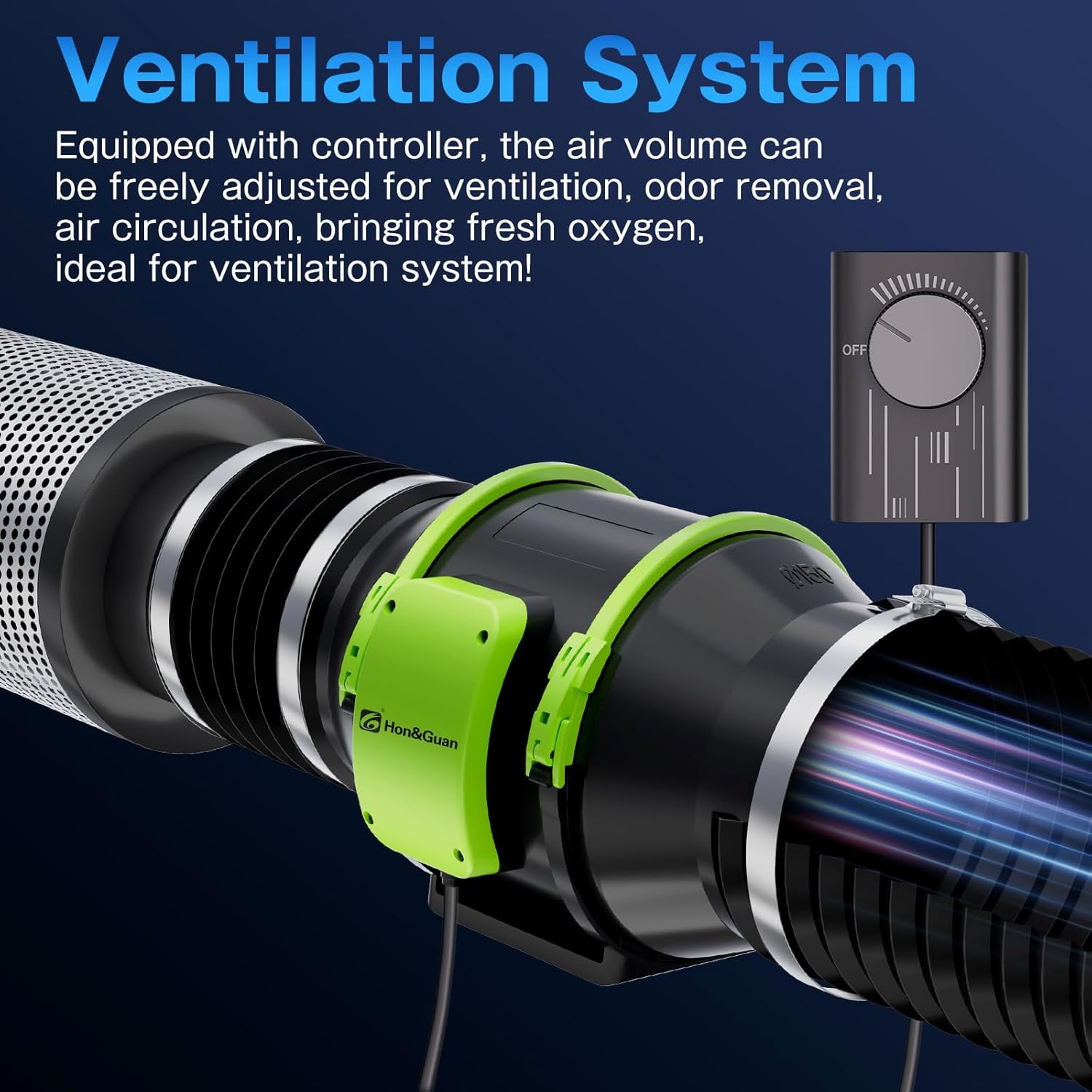Duct fan with variable speed controller for customizable airflow, perfect for ventilation, odor removal, and fresh air circulation in grow tents and home systems.