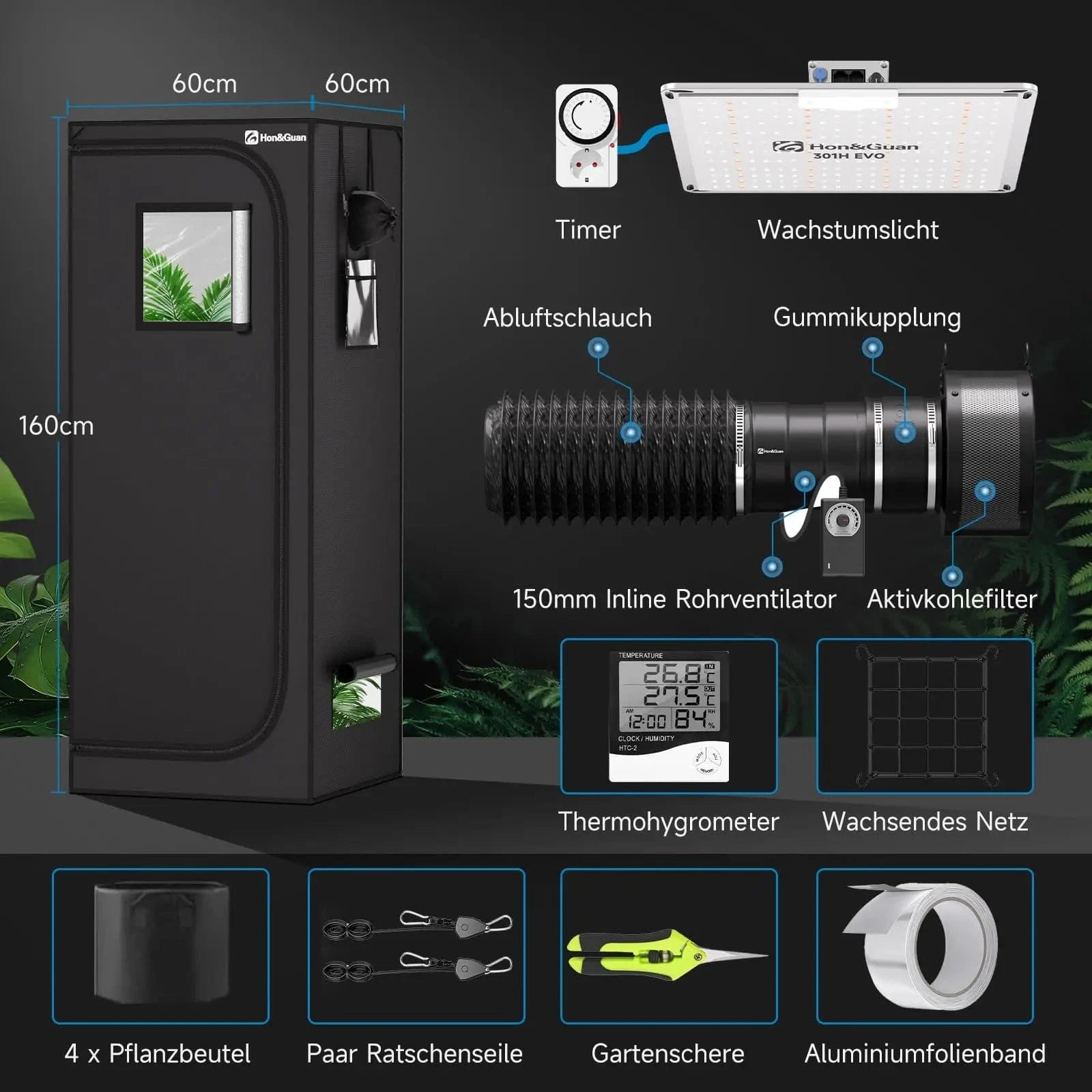 Grow Tent Kit Complete Set with LED Grow Light, 60x60x160 cm Grow Tent, Inline Fan, Carbon Filter, Ducting, Hygrometer, Timer, Grow Net and Accessories