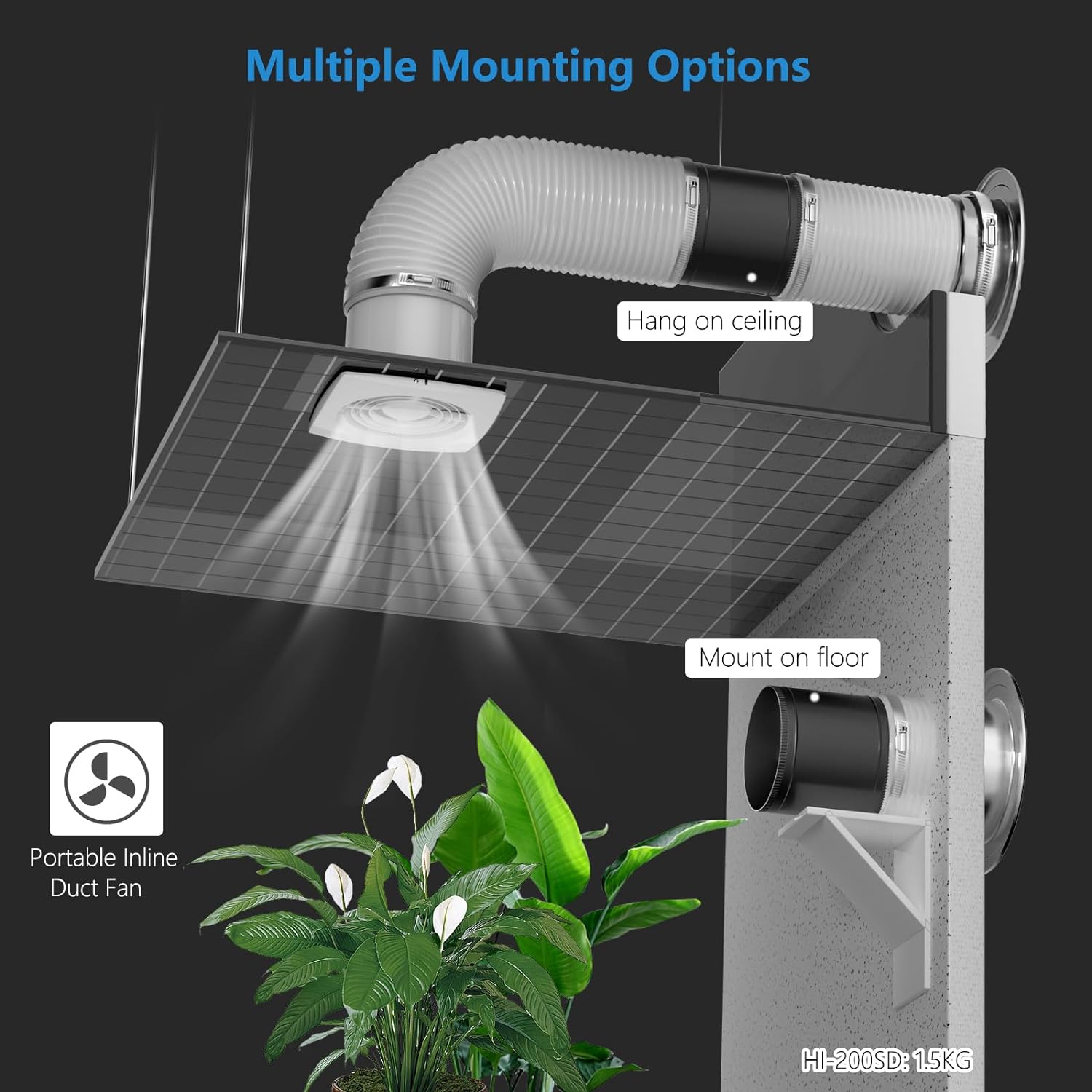 HONGUAN 8-inch duct fan with a modern, durable construction ideal for grow rooms, workshops, bathrooms, and HVAC systems.