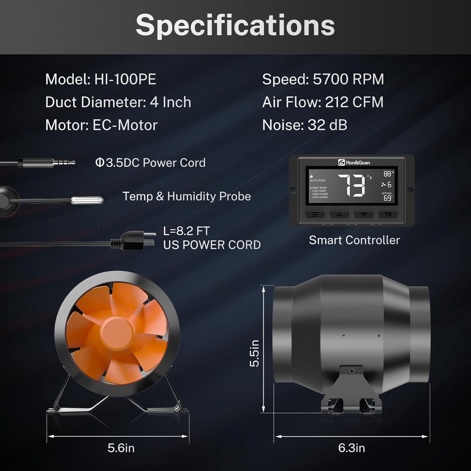 Dimensions and specifications of the 4-inch inline duct fan, highlighting key features like airflow, motor specs, and installation details.