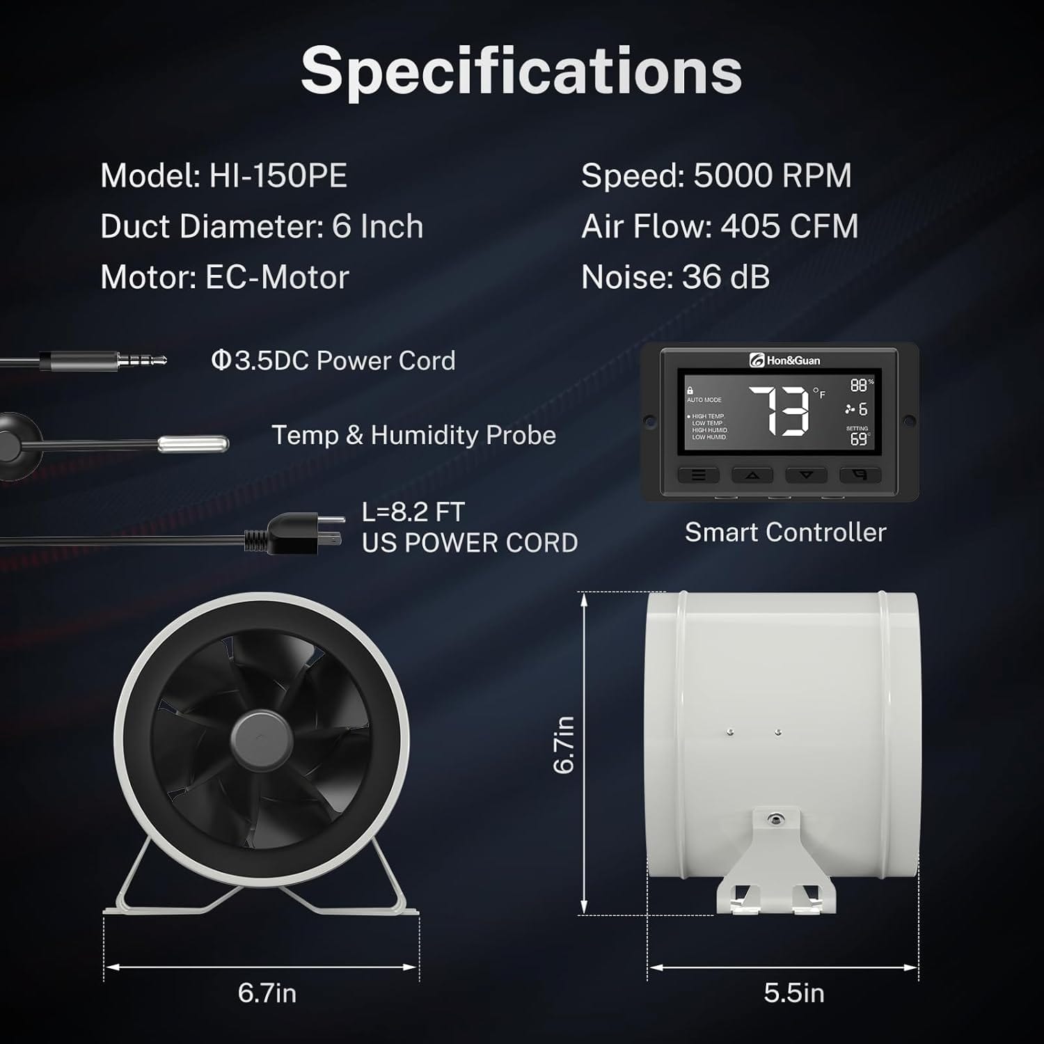 Detailed specifications of the 6-inch duct fan with 405 CFM airflow, quiet EC motor, and smart temp & humidity controller for grow tents and ventilation systems.