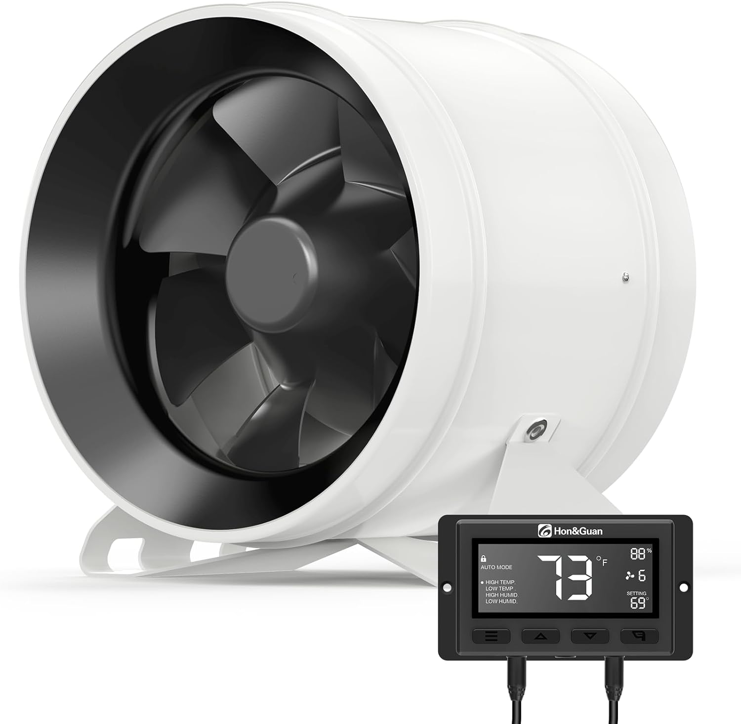 HONGUAN 8-inch inline duct fan featuring EC motor and smart controller, designed for efficient air ventilation in grow tents and hydroponics.