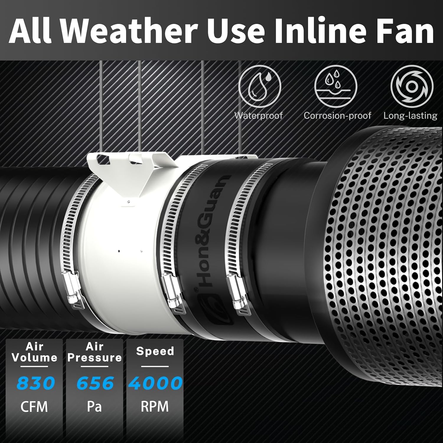 HONGUAN 8-inch inline duct fan performing efficiently in various weather conditions, ensuring consistent ventilation and air circulation for hydroponics, grow tents, and HVAC systems.