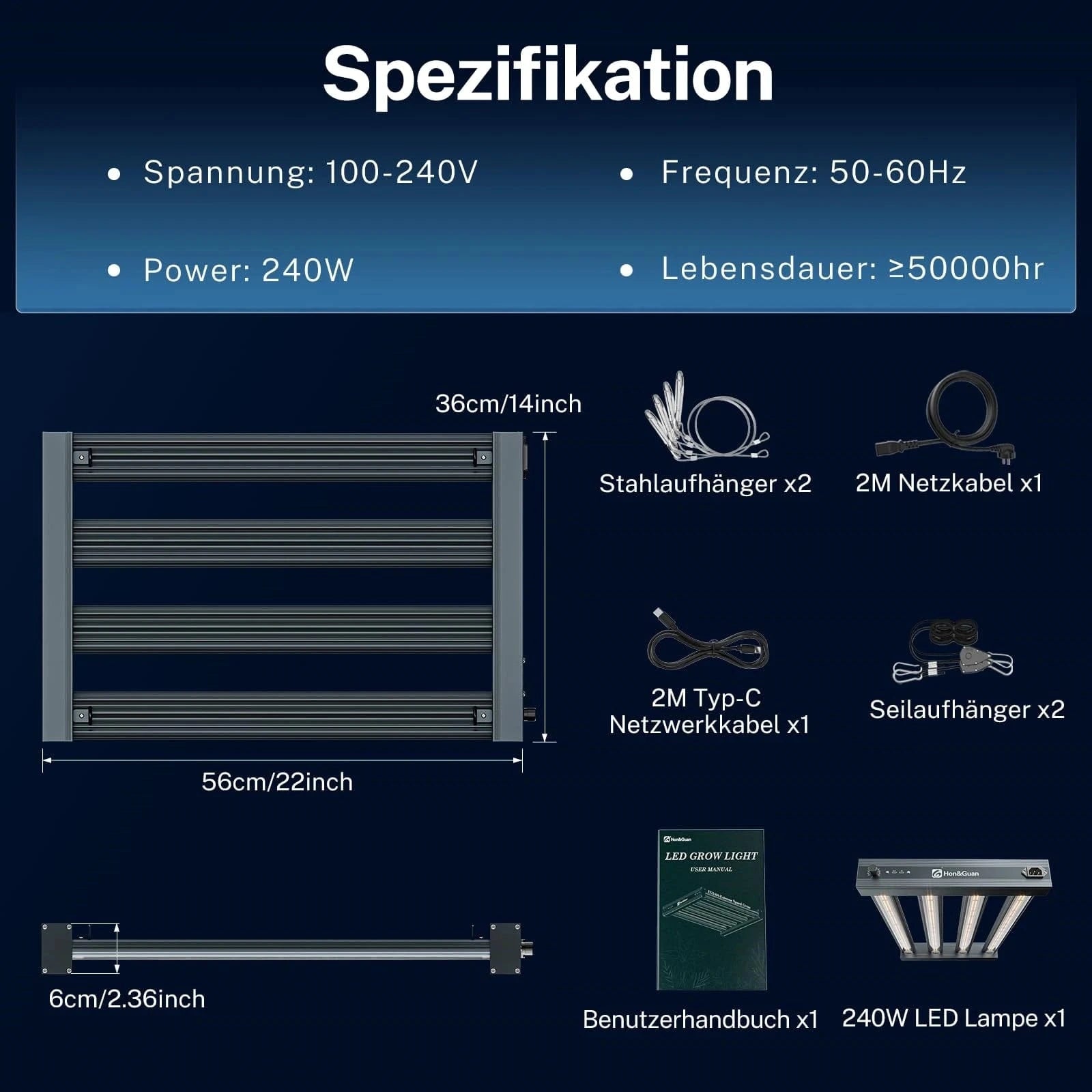 LED Grow Light EG2400 Specification Diagram – 240W Full Spectrum Lamp with 56x36 cm Panel Size for Indoor Grow Tents