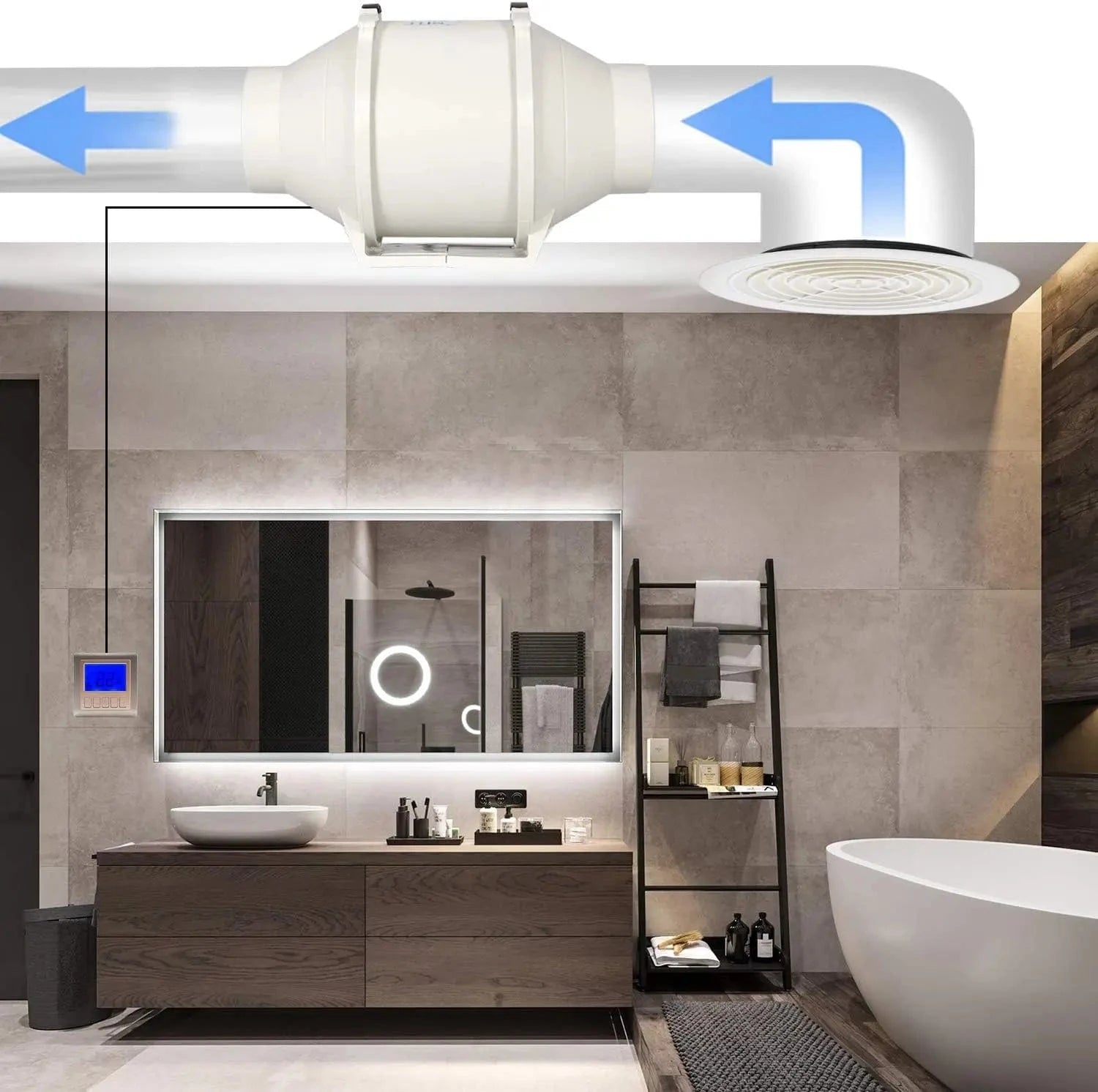Indoor ventilation setup using TurboFlow Ultras 8 200 mm exhaust fan in a bathroom for efficient moisture control