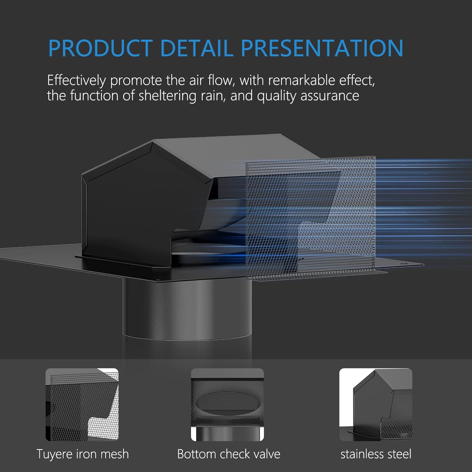 HONGUAN roof vent cap showing airflow of up to 75%, offering superior ventilation performance compared to competing products with lower airflow efficiency.