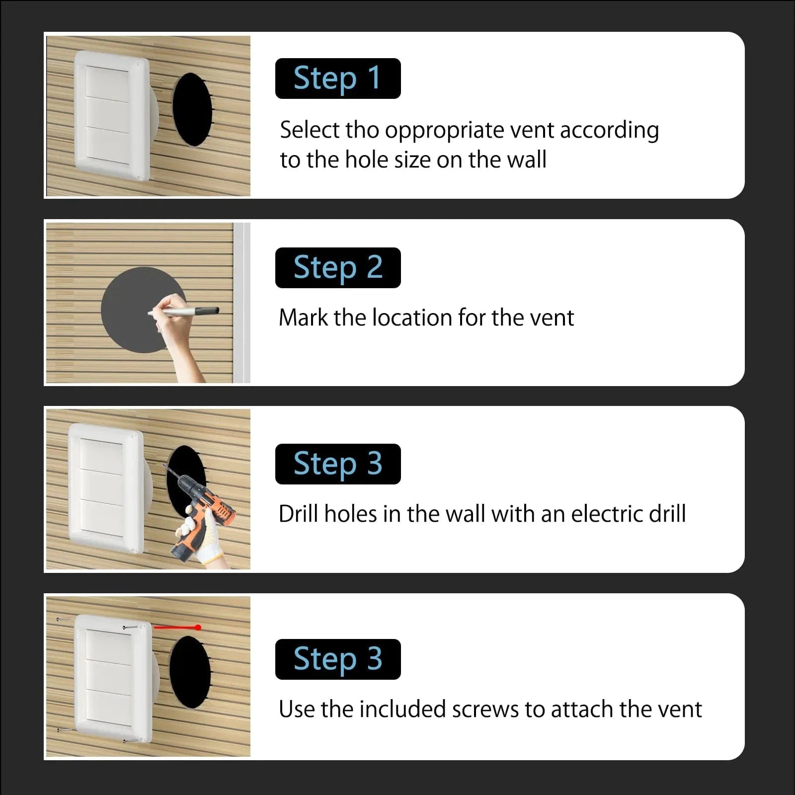 Step-by-step visual guide for installing the 4-inch square louvered vent cover. Images show how to remove the old cover, attach the new vent cover to the duct, and secure it in place.