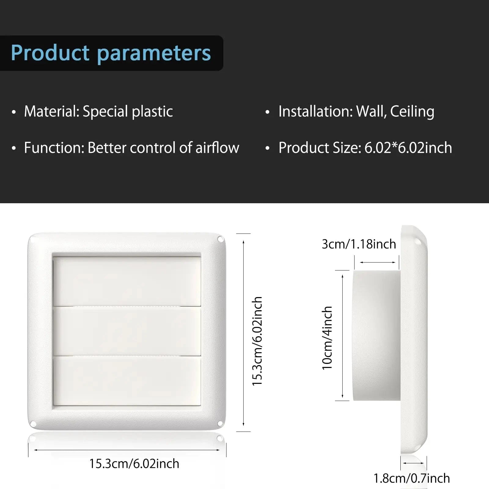 Diagram showing the 4-inch square vent cover dimensions, highlighting the 4-inch opening and overall size. Includes side view detailing louver and mesh screen.