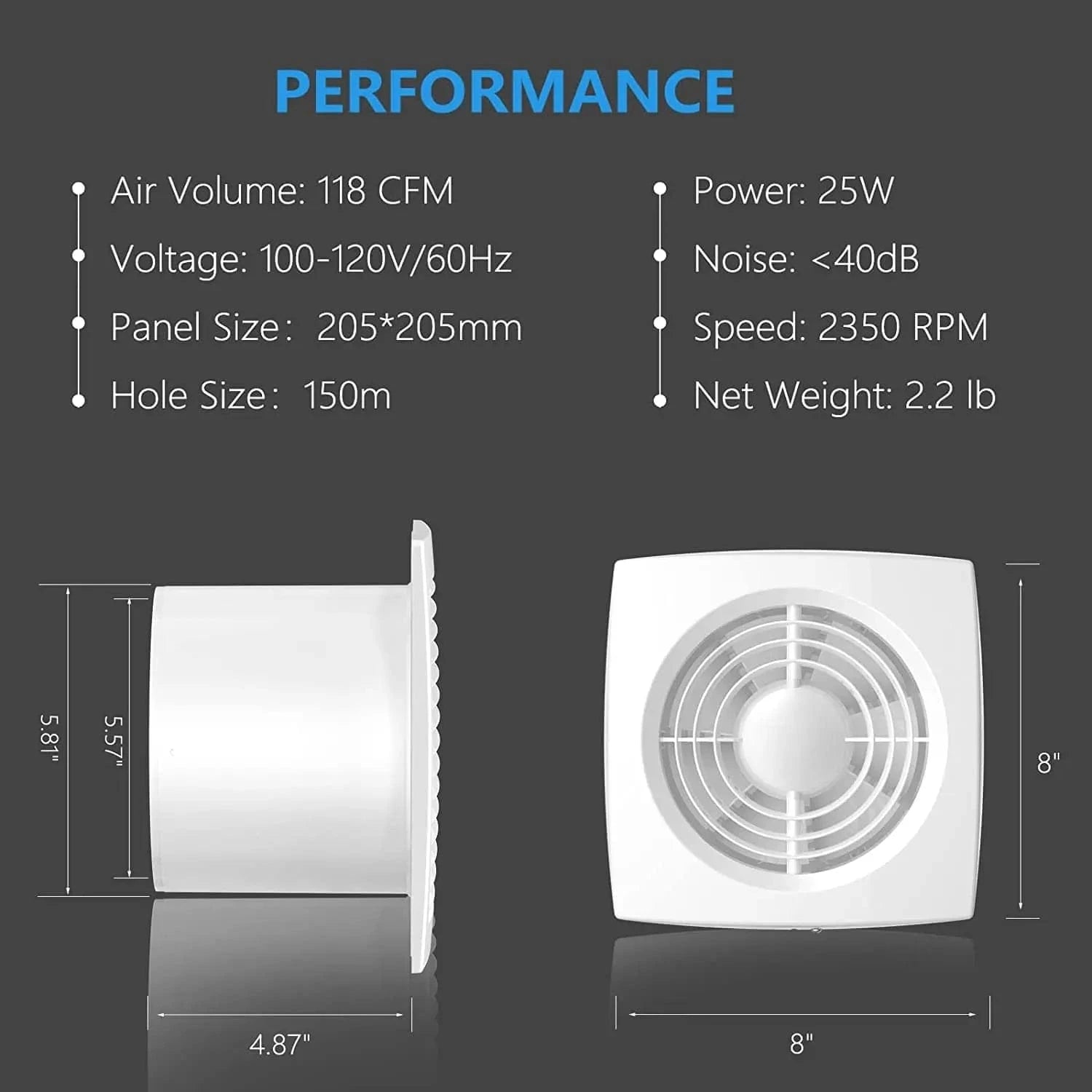 Dimensions of HONGUAN 6 Inch Axial Wall Exhaust Fan – 205x205x14mm Front Panel, 118 CFM Airflow