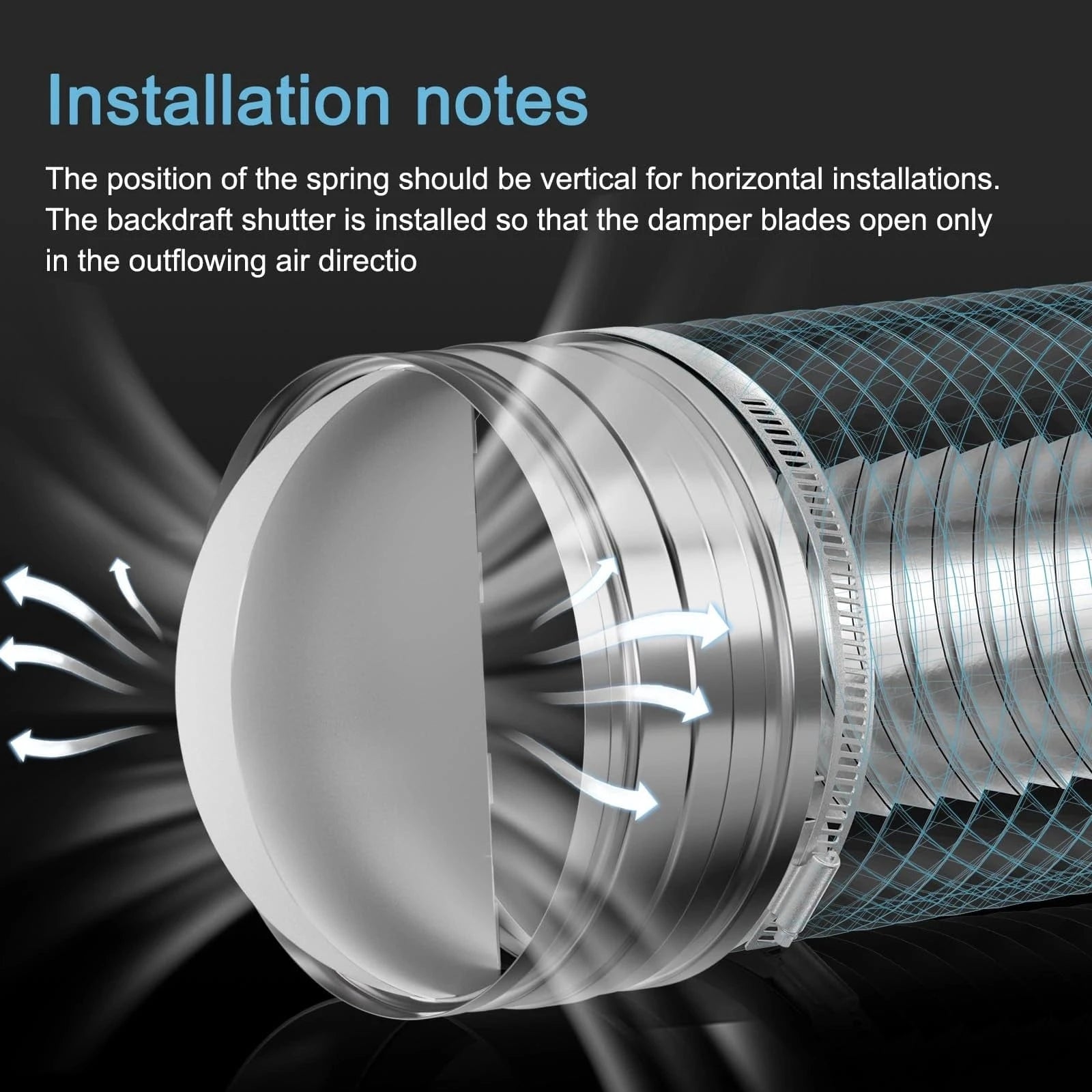 HON&GUAN Backdraft Damper Installation Diagram – Spring Positioned Vertically for Horizontal Installations to Ensure One-Way Airflow