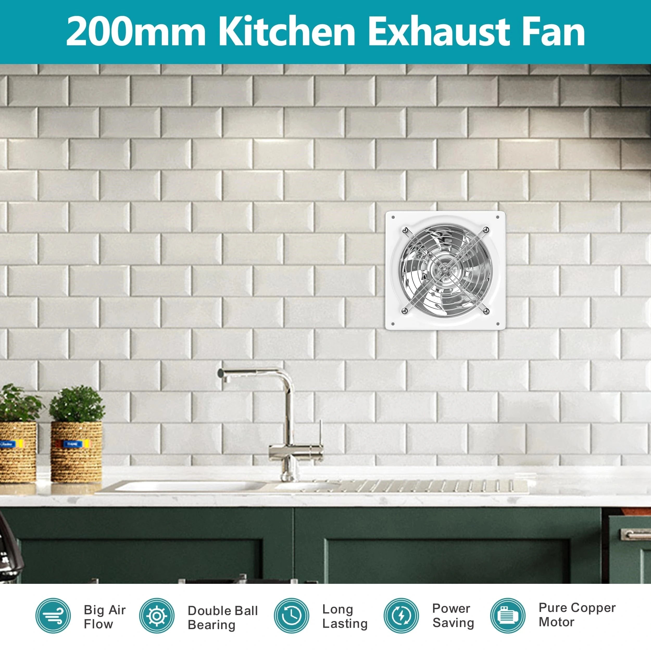 HONGUAN 8-inch bathroom exhaust fan with switch, 576 CFM airflow, and durable stainless steel construction.