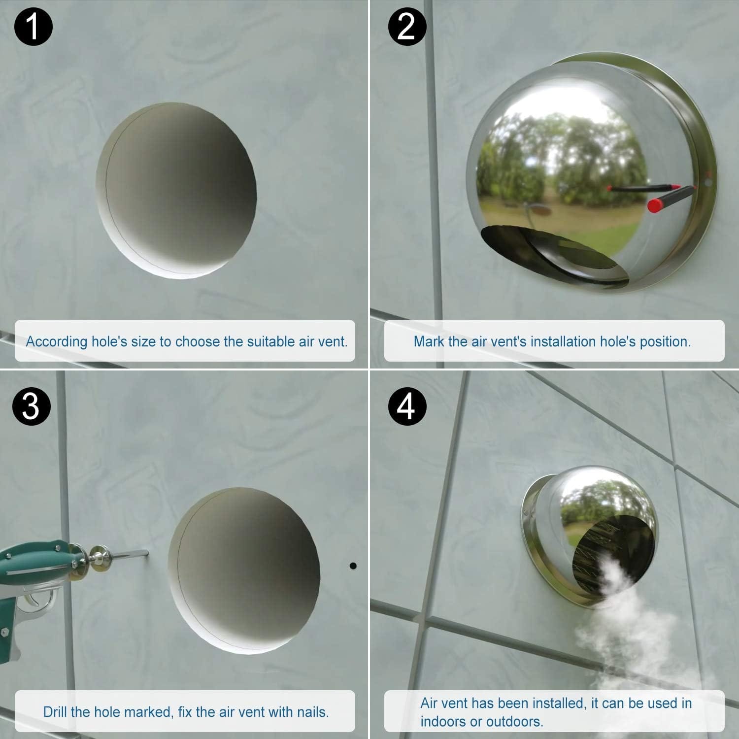 Installation diagram of 4 inch stainless steel air vent cover on a wall, showing secure attachment and mesh protection.