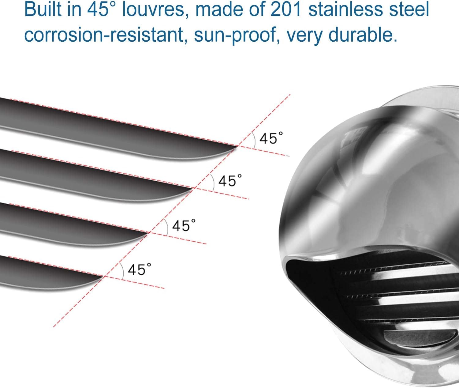 Air Vent with 45° Louvres – Made of 201 Stainless Steel, Corrosion-Resistant and Sun-Proof for Durable HVAC Use