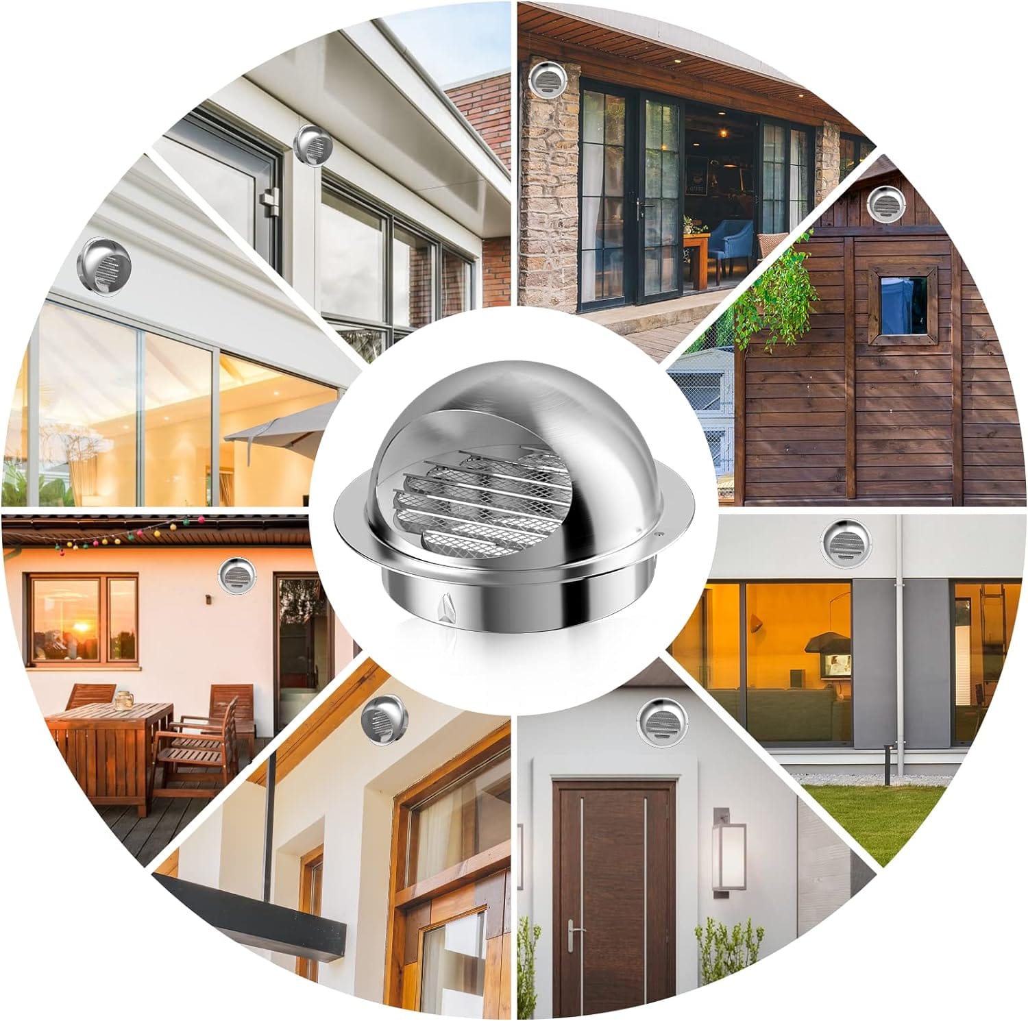 Stainless steel vent cover installed on home exterior wall, suitable for dryer exhaust, bathroom ventilation, and kitchen fan outlets.