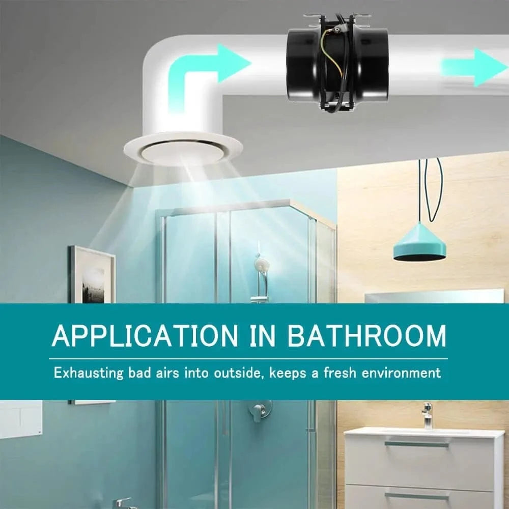 Inline duct fan for efficient bathroom ventilation, improving airflow and reducing moisture buildup.