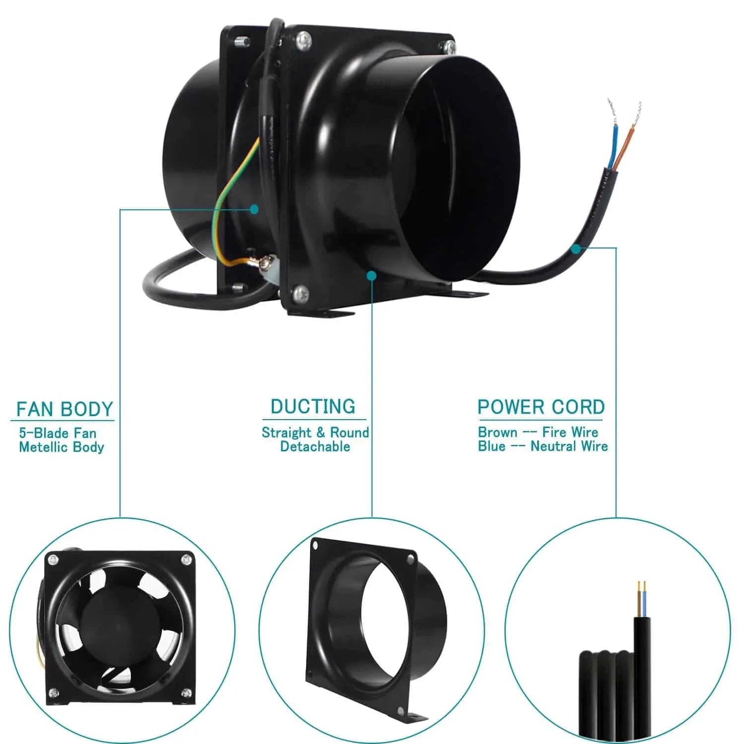 4 inch inline duct fan with galvanized aluminum housing for efficient ventilation in grow tents, basements, and hospital rooms