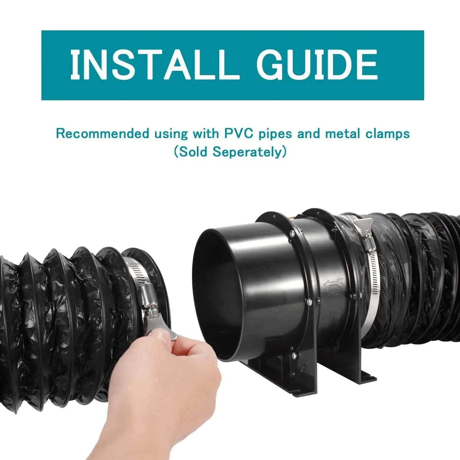 Inline duct fan connected with flexible ventilation hose for efficient airflow and easy installation.