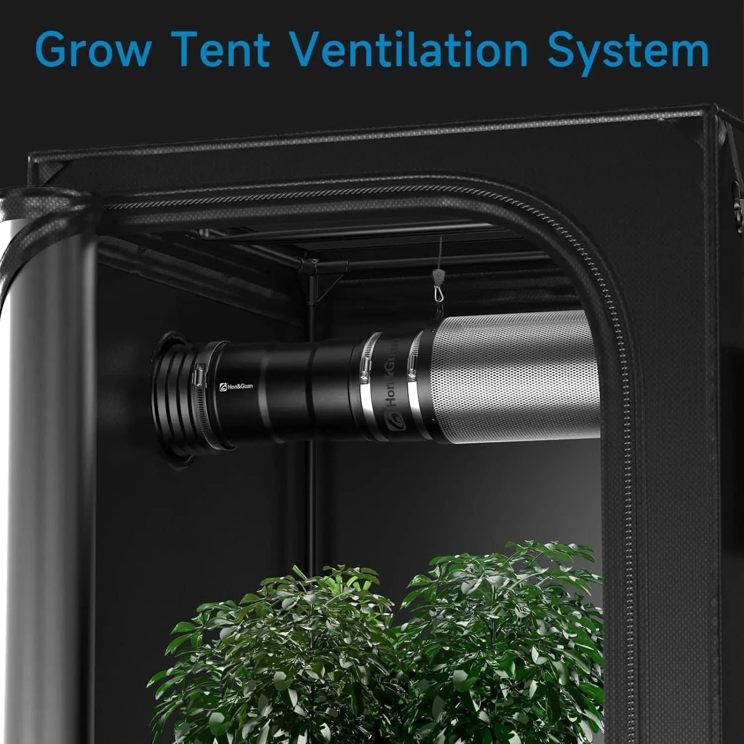 Grow Tent Kit Ventilation Setup Featuring HONGUAN Inline Ventilation Fan, Carbon Filter, and Ducting for Efficient Airflow Control