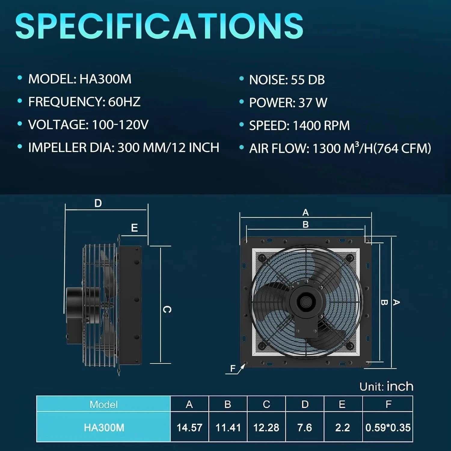 Detailed Dimensions of HONGUAN 12 Inch Exhaust Fan – 764 CFM, 1400 RPM, 8FT Cord, Mesh Screen