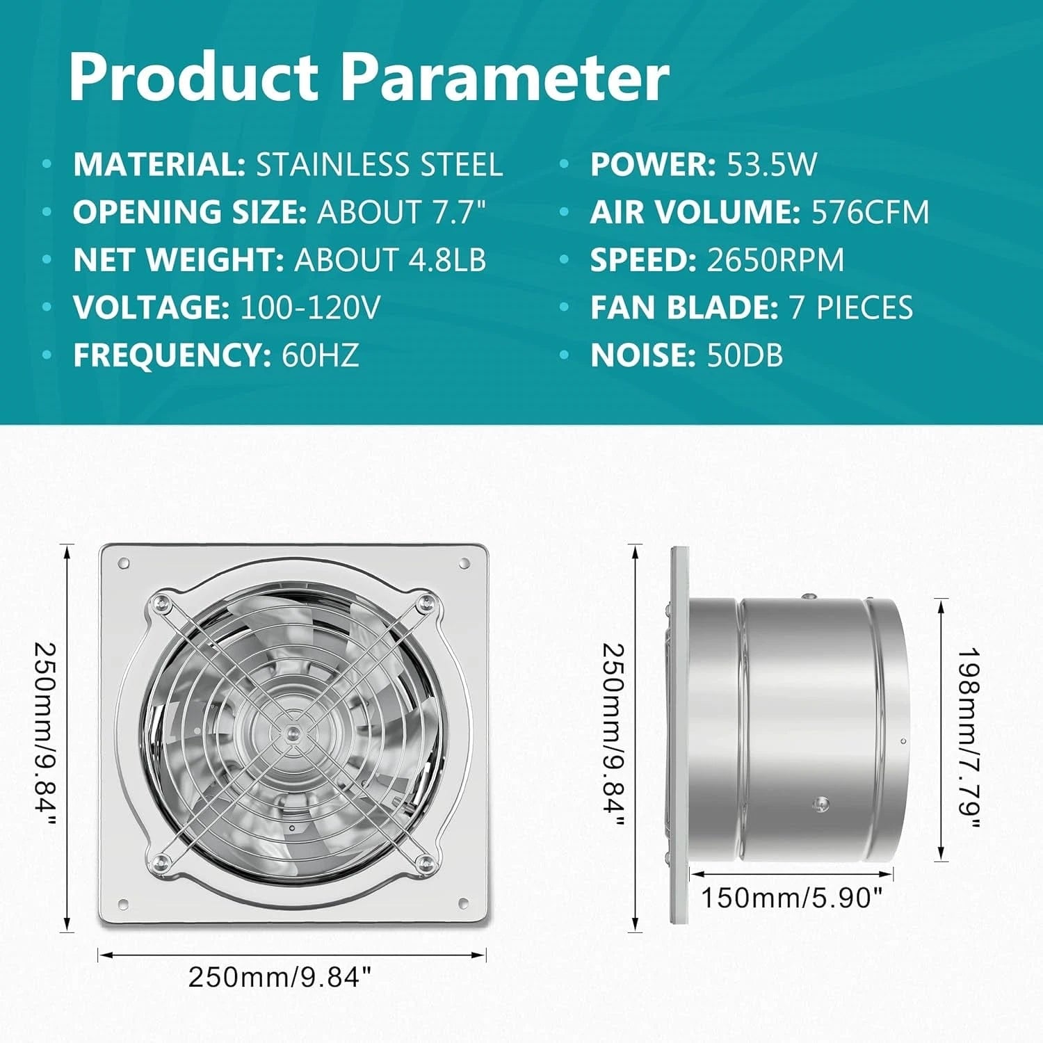 Specifications of HONGUAN 8-inch bathroom exhaust fan, featuring 576 CFM airflow, 53.5W power consumption, and stainless steel construction.