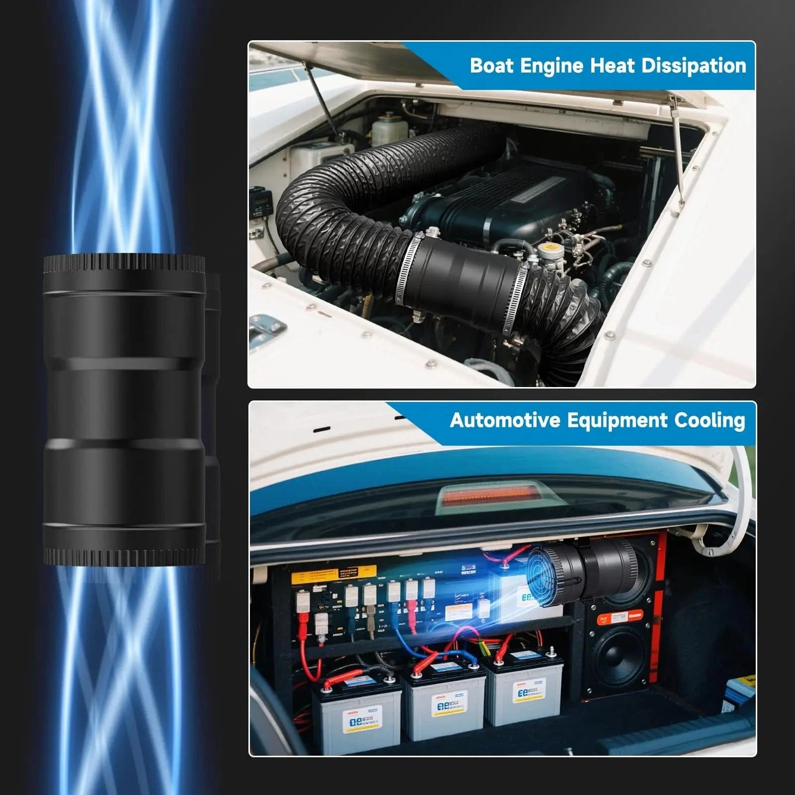 Hon&Guan 3-inch boat blower fan is installed in the marine compartment to effectively dissipate heat from the boat engine and cool automotive equipment.
