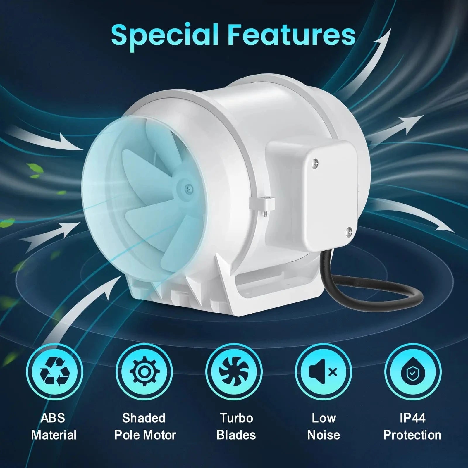 TurboFlow Snap 5 inline duct fan featuring 125mm mixed-flow design with quiet operation and energy-efficient ventilation for hydroponics and small space use.