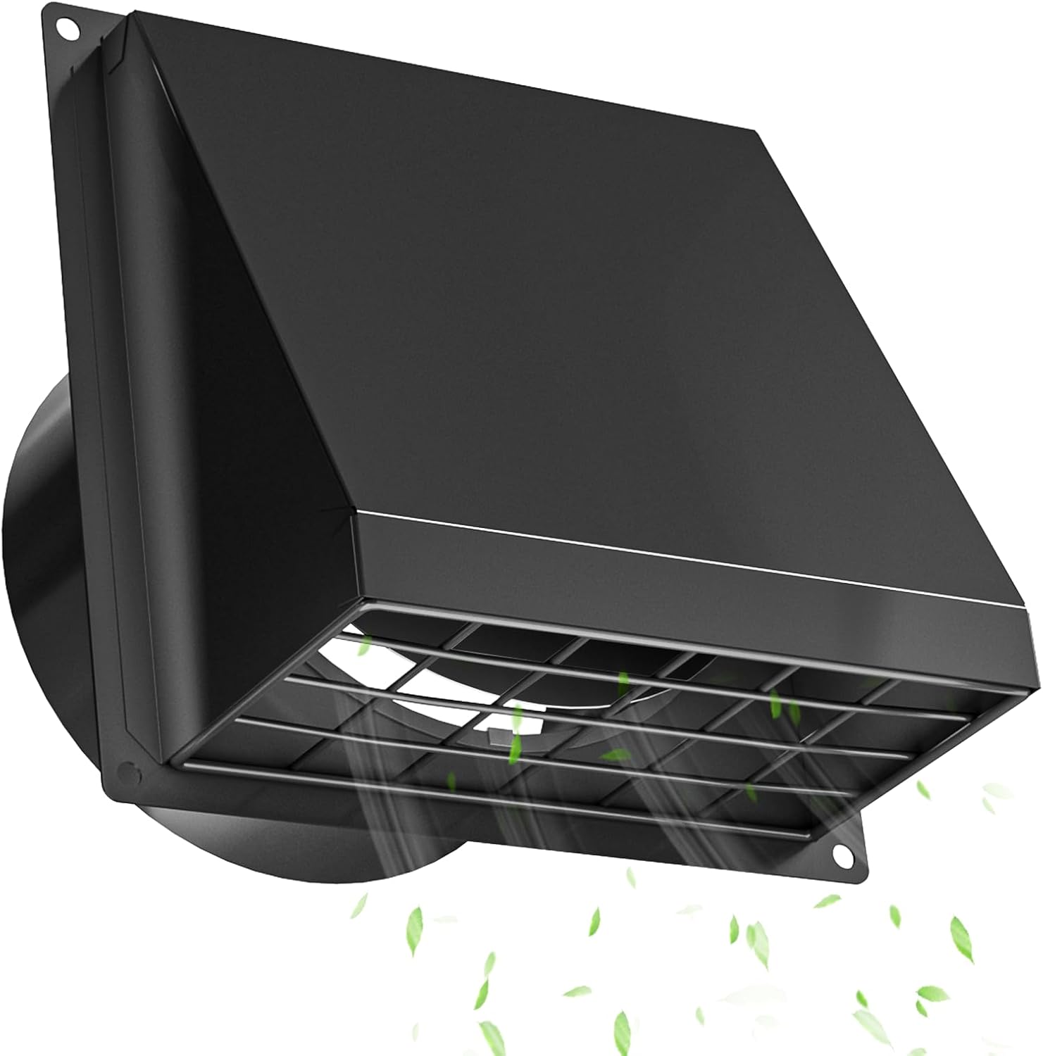 HONGUAN 6-inch black dryer vent cover with removable mesh and rubber cushioned non-return flap for exterior wall mounting.