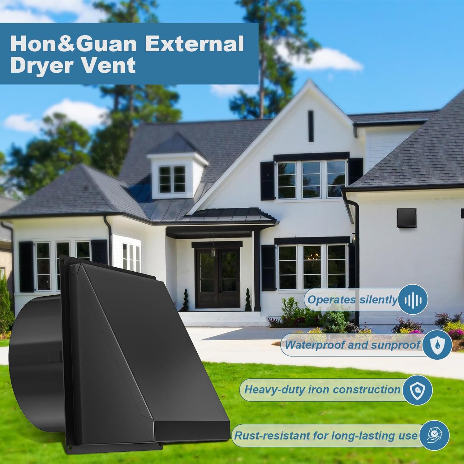HONGUAN dryer vent cover installed in bathrooms, kitchens, garages, and outdoor ventilation systems.