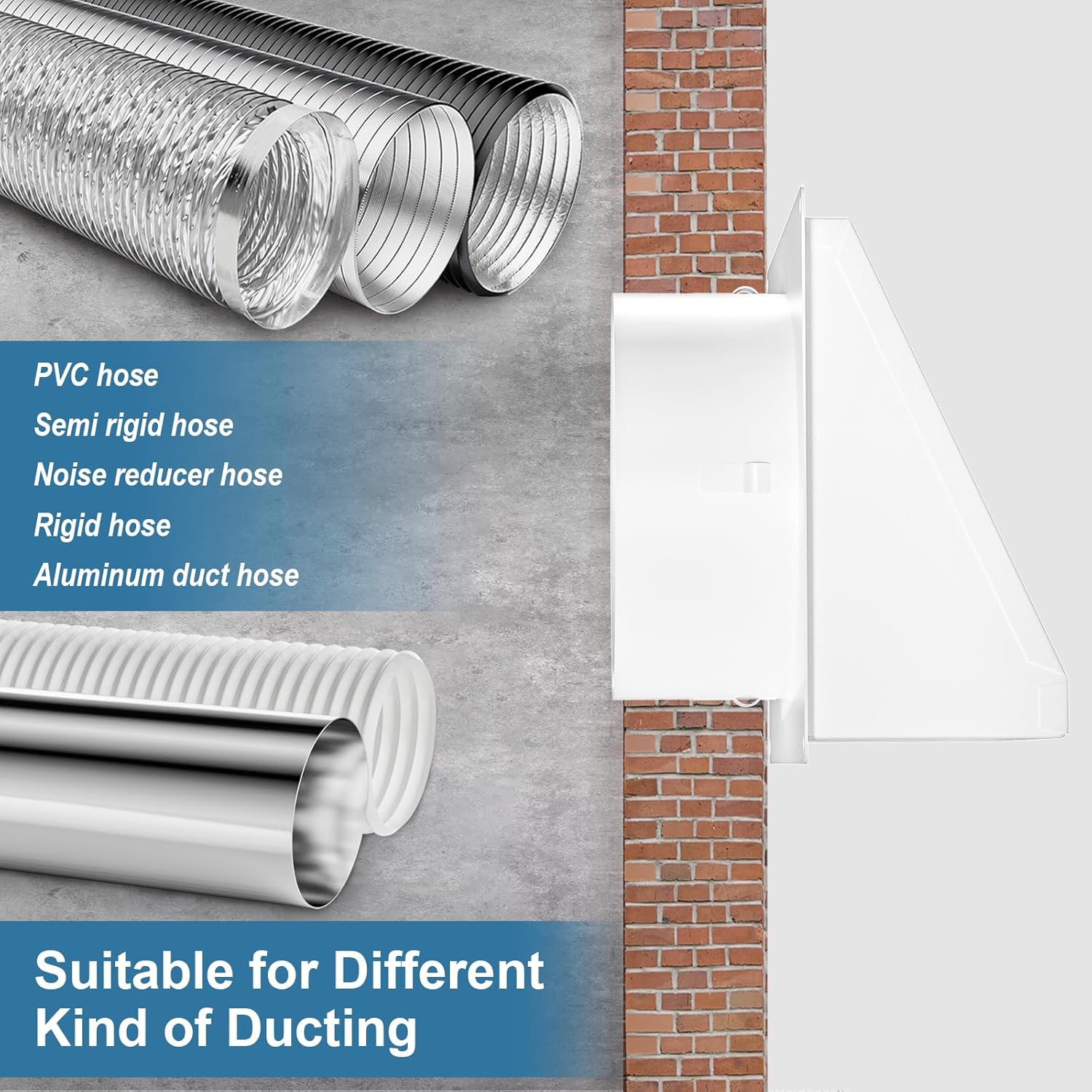 To ensure proper ventilation, a 10-foot dryer vent hose can be connected to a 6 inch dryer exterior vent cover mounted on the house.