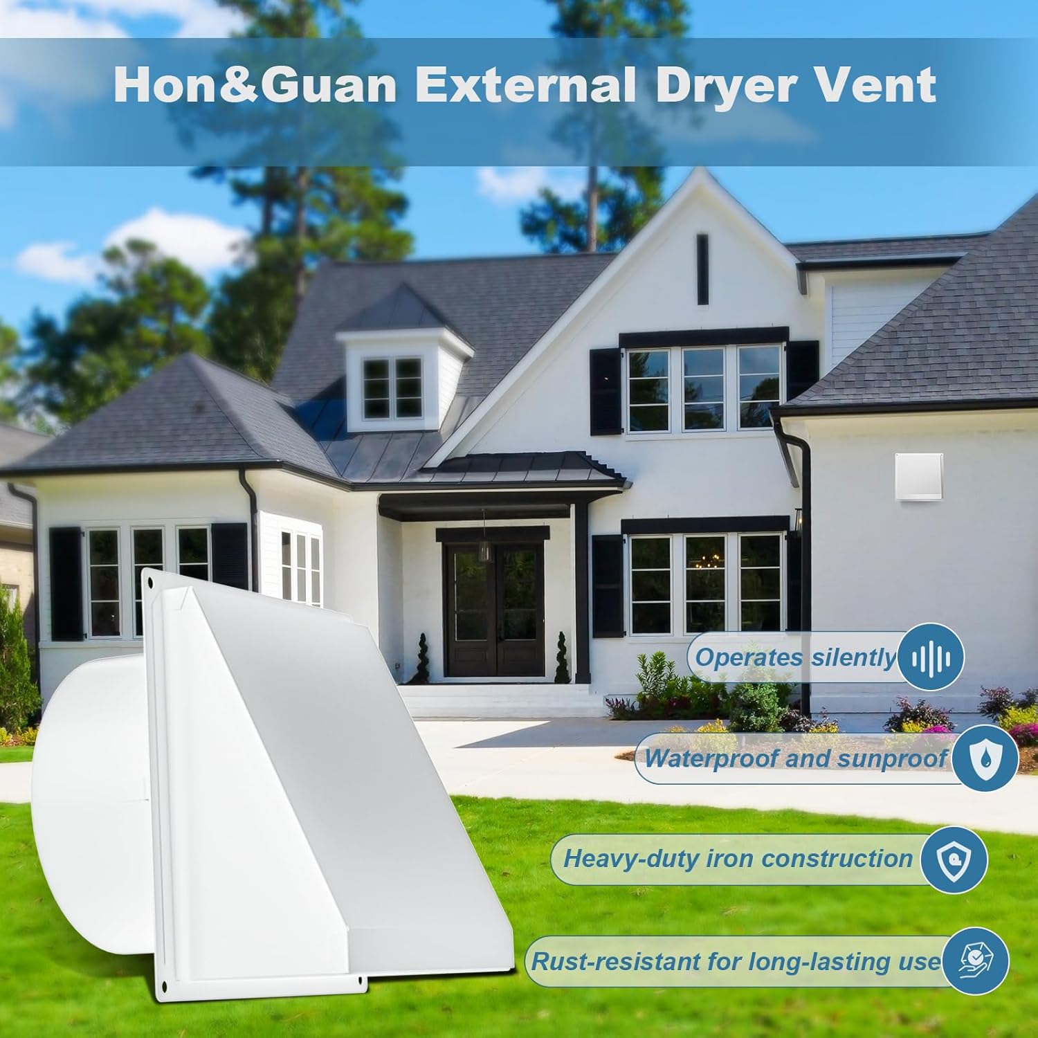 HONGUAN 6-Inch dryer exterior vent cover mounted on house exterior, featuring waterproof and noise reduction capabilities.