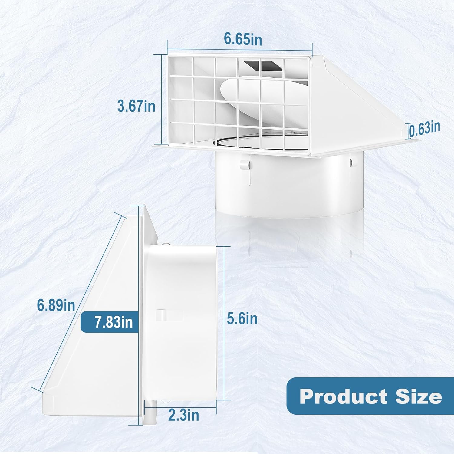 6-Inch Dryer Exterior Vent Cover Dimensions: Vent Opening Diameter: 5.6 inches Mesh Screen Dimensions: 6.65 inches x 3.67 inches