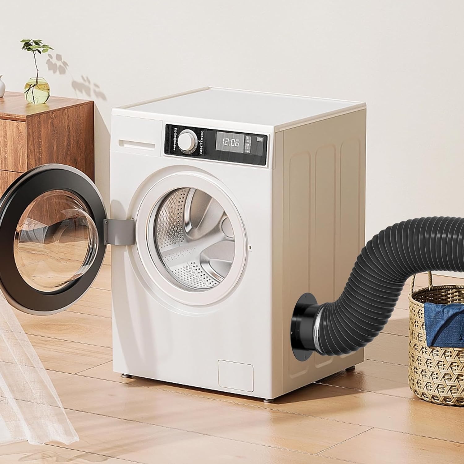 Duct connector flange securely attaching a dryer vent hose for efficient air exhaust.