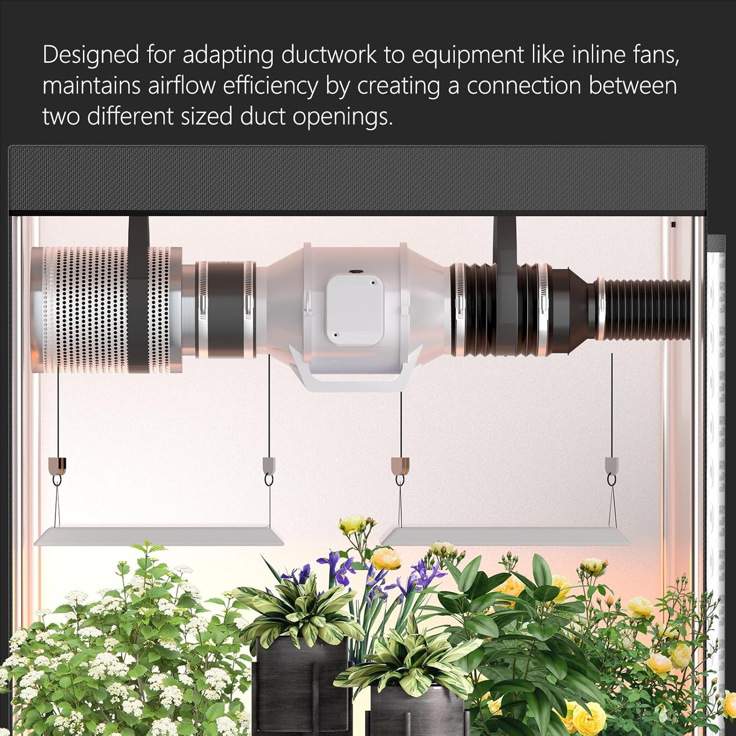 Designed for adapting ductwork to equipment like inline fansmaintains airflow efficiency by creating a connection betweentwo different sized duct openings
