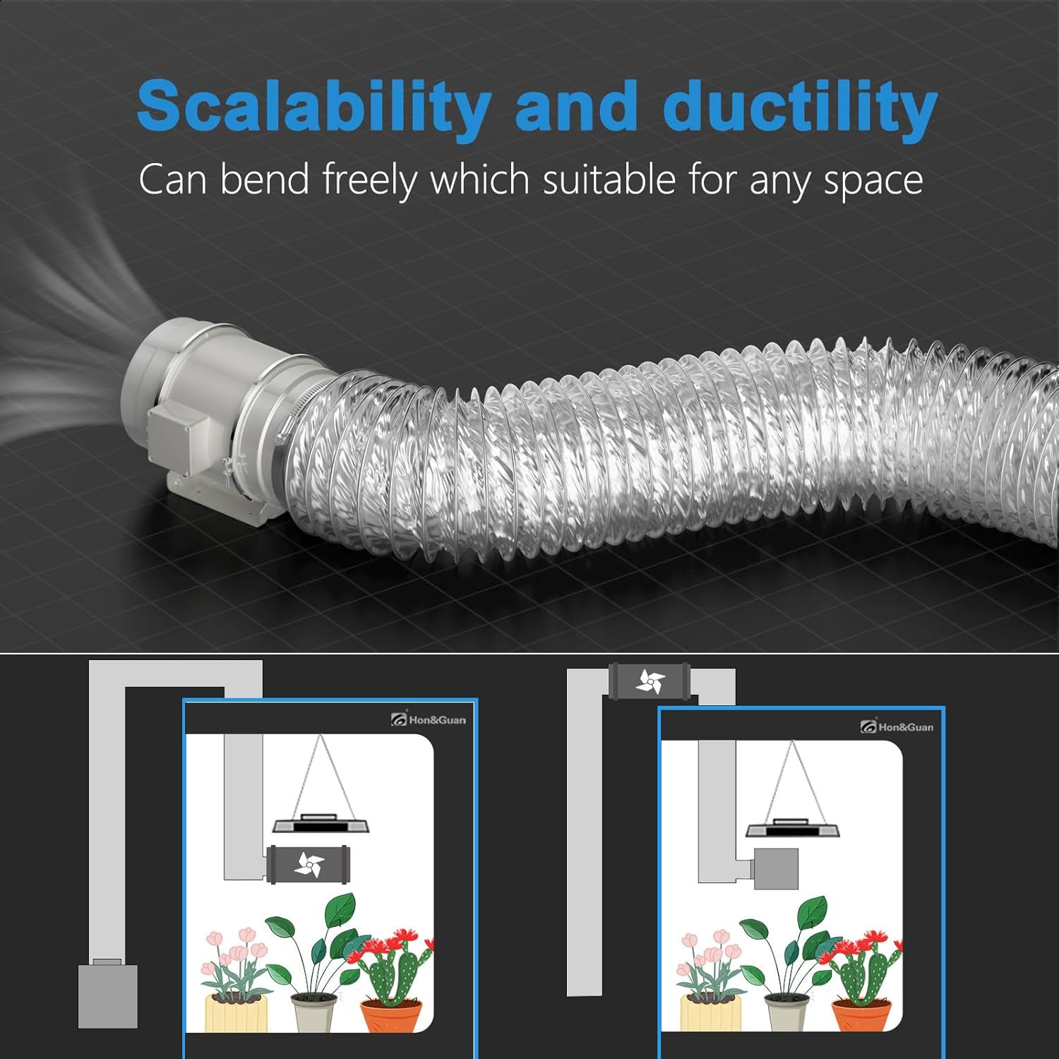Flexible 5 inch dryer exhaust hose fully extended to 5 feet, demonstrating its adaptability for tight or spacious installations.Dryer vent hoses can be adapted for ventilation in grow tents.